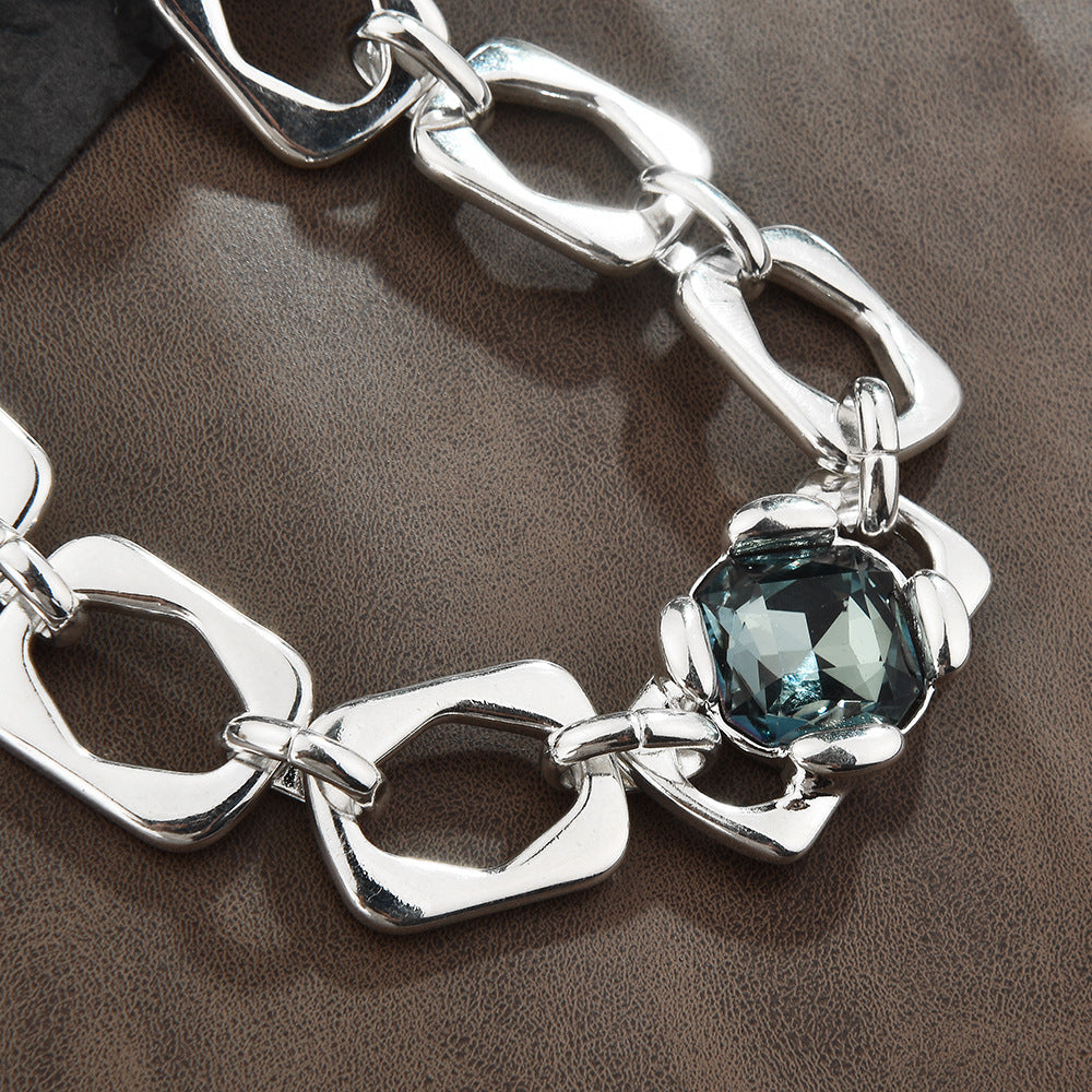 Thick Irregular Square Link Choker Necklace For Women, Smoky Grey Cubic Zirconia Chunky Silver Collarbone Chain, Cool European Spanish Fashion Jewelry
