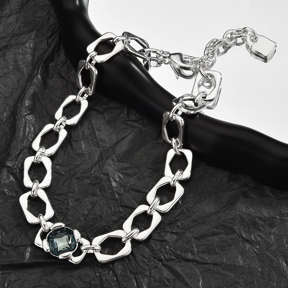 Thick Irregular Square Link Choker Necklace For Women, Smoky Grey Cubic Zirconia Chunky Silver Collarbone Chain, Cool European Spanish Fashion Jewelry