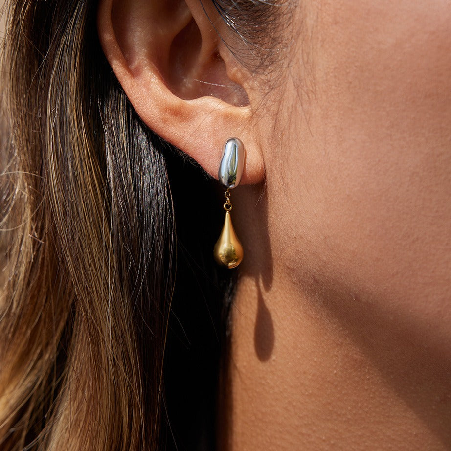 18K gold and S925 silver two-tone teardrop front and back stud earrings