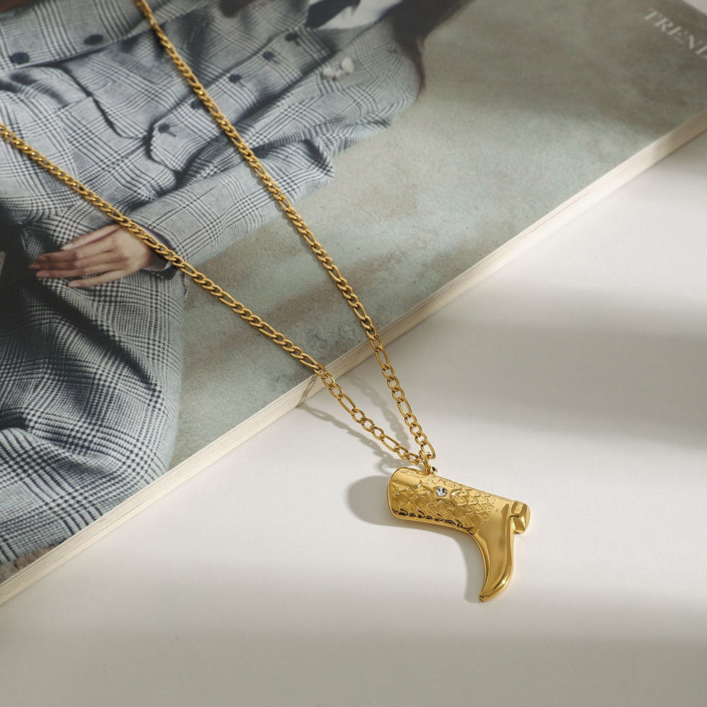 18K gold boots inlaid with gemstones and textured design trendy and unique necklace