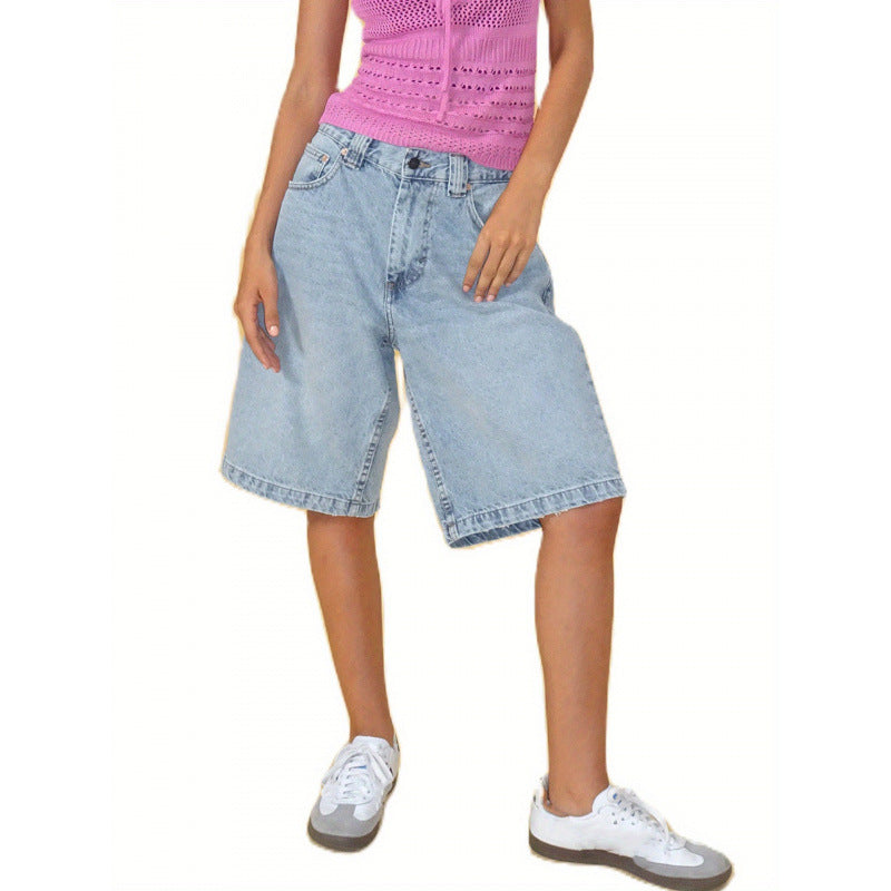 Womens Light Blue Denim Knee-Length Shorts