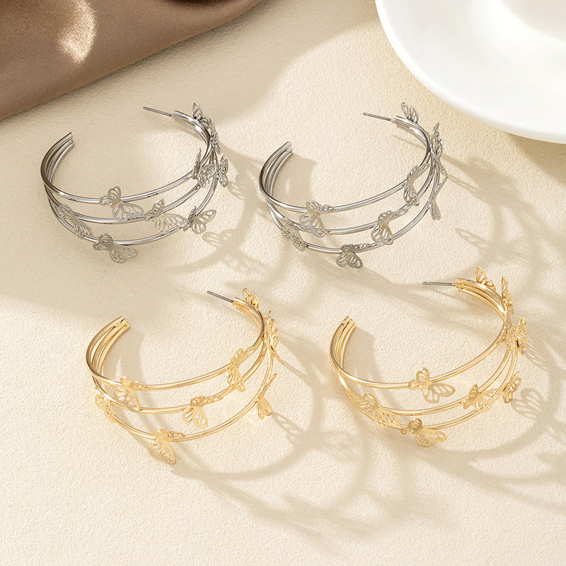 Fashion Sweet Double Layer Butterfly Stud Earrings & Hoop Earrings, Hollow Out Unique Design Women Earrings, High-End Temperament Stud Ear Jewelry