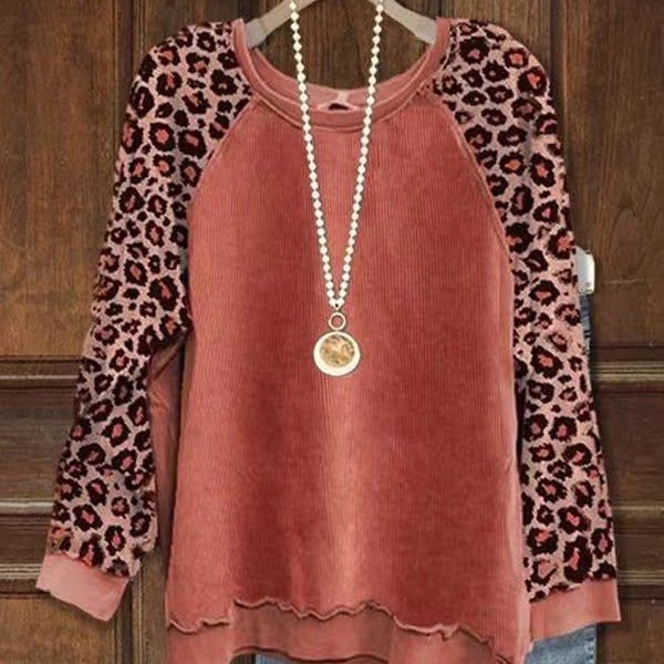 Womens Leopard-Print Patchwork Color-Block Long-Sleeve Top