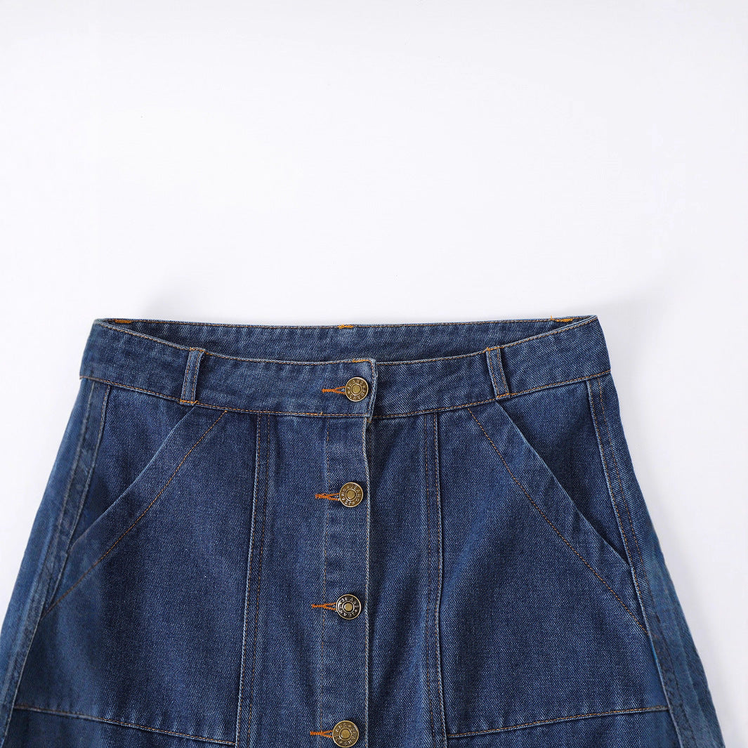 Solid-color Single-breasted Denim Skirt With Pockets