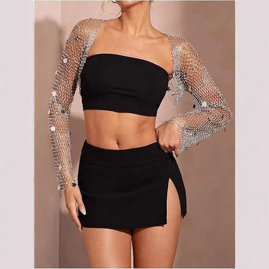 Fishnet Sequin Cardigan Top With Diamond Embellishments
