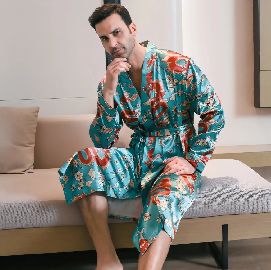 Summer Ice-silk Long-style Wearable Ice-silk Youth Long-sleeve Loungewear Mens Nightgown Thin Style