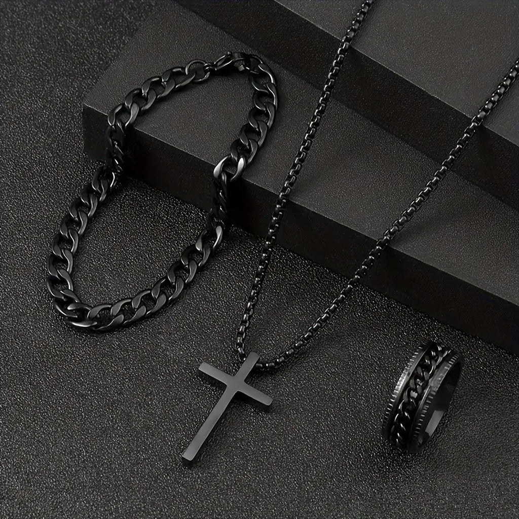 Men's Fashion Watch Ring Necklace Bracelet Set - Stainless Steel Jewelry Collection for Daily Wear
