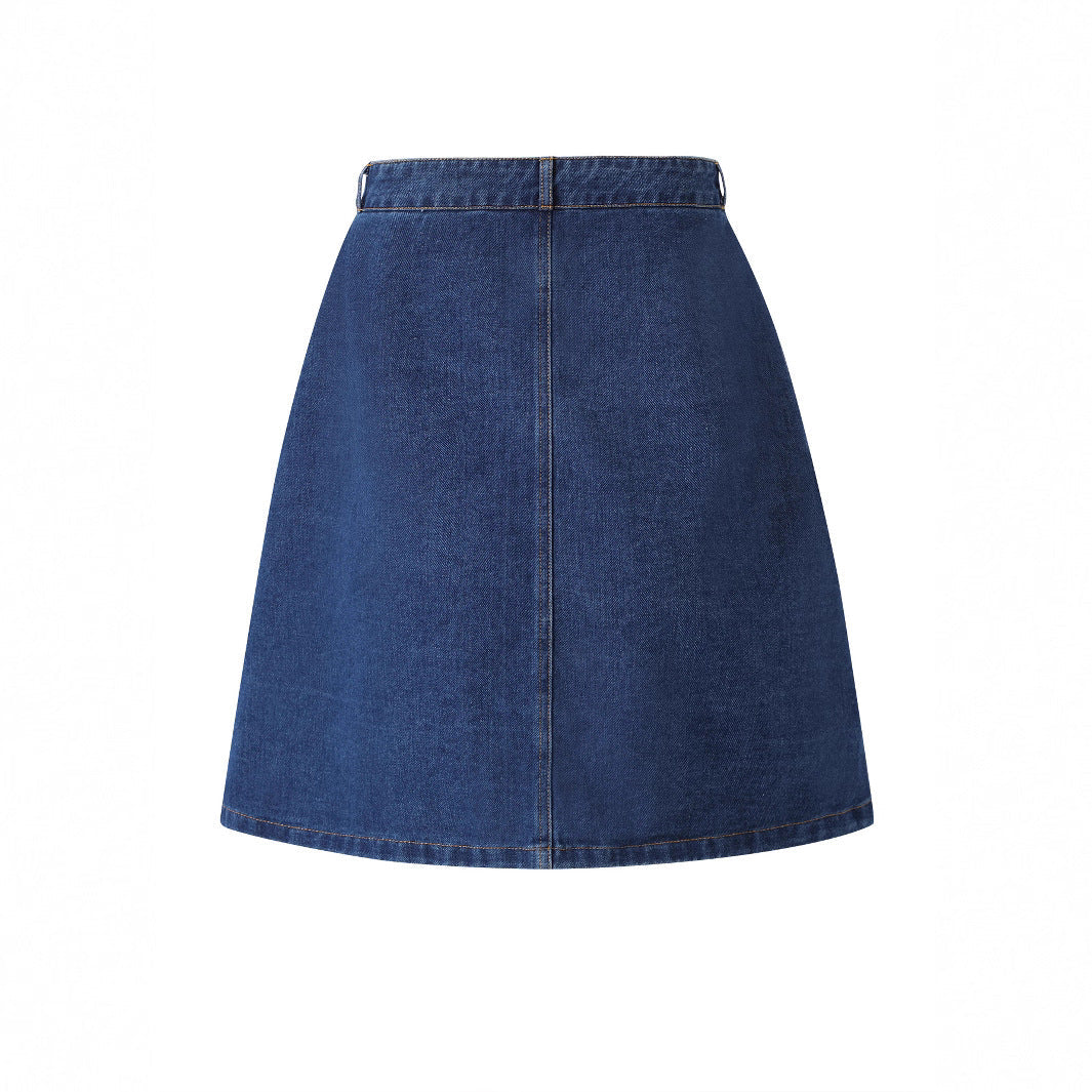Solid-color Single-breasted Denim Skirt With Pockets