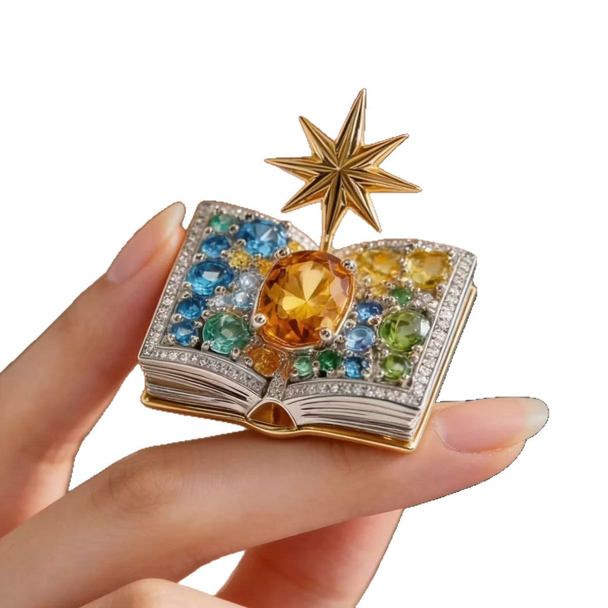 Fashionable Fully Diamond-encrusted Eight-pointed Star Fairy Book Brooch