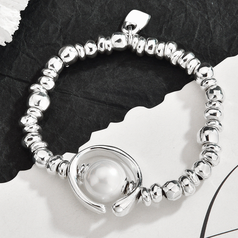 3Pcs Trendy Broken Silver Big Pearl Jewelry Set For Women, Necklace Bracelet Earring Matching Set, Dainty Elegant Sweater Chain Fashion Jewelry