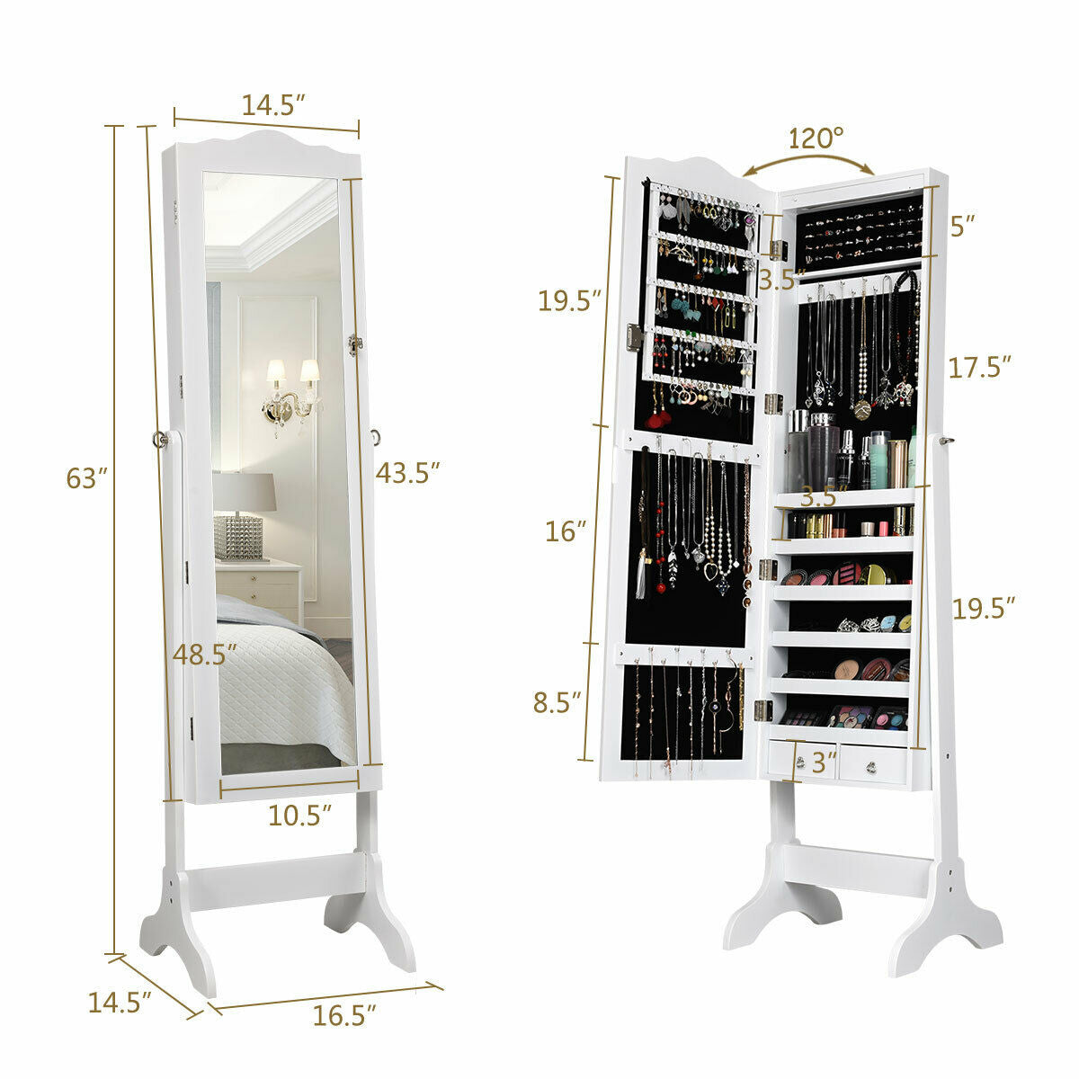 14 LED Jewelry Armoire Cabinet with Full Length Mirror and 4 Tilting Angles