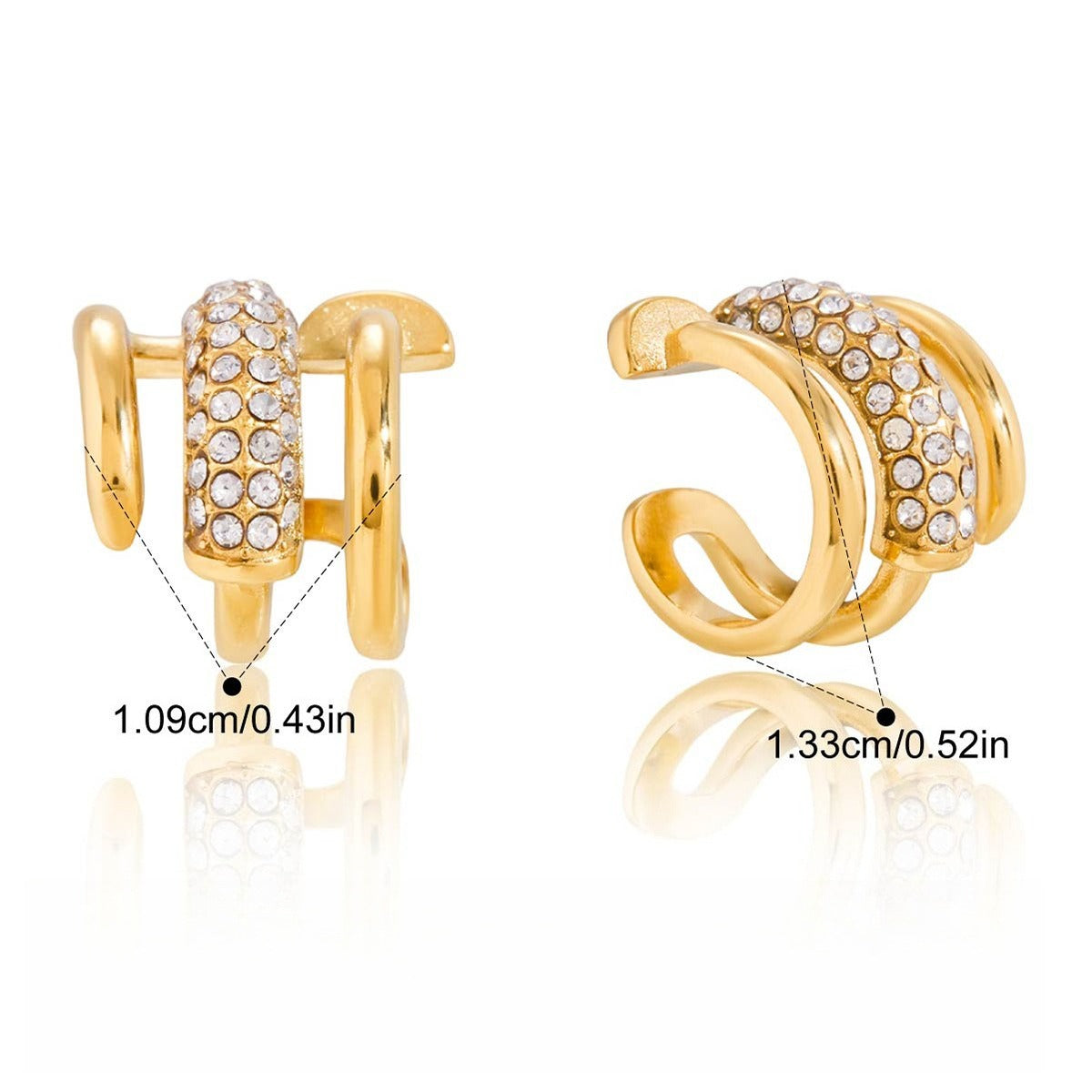 18K gold earrings inlaid with cubic zirconia, in a nail design.