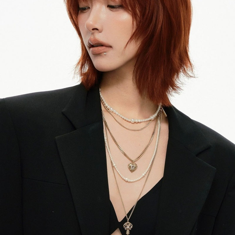 Retro Love Lock Core Series Multi-Layer Pearl Necklace
