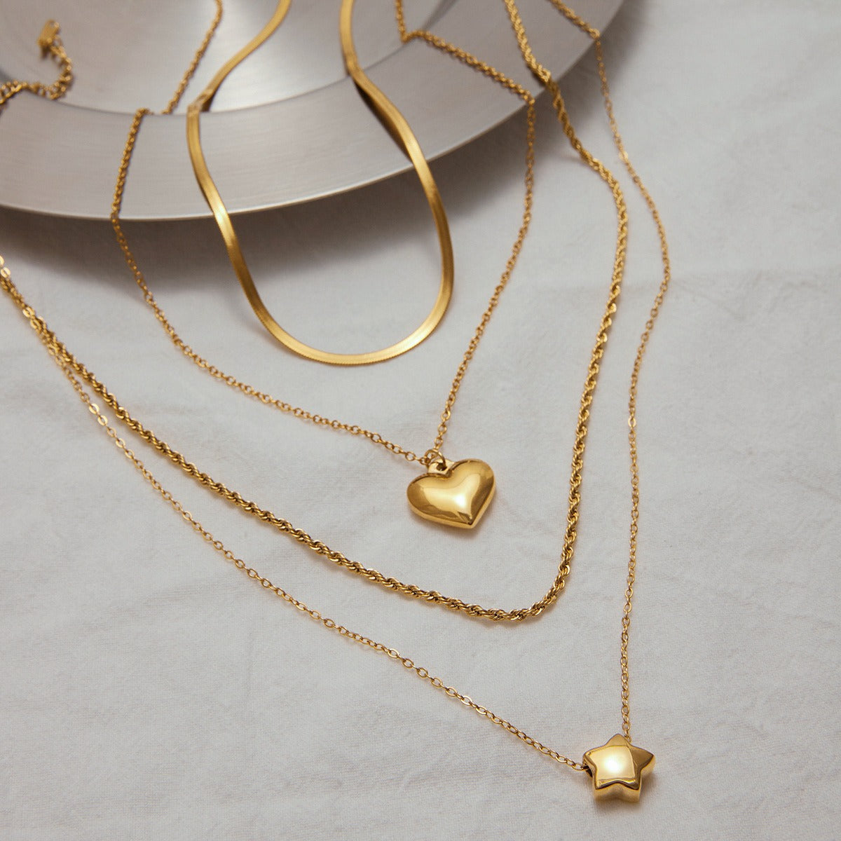 18K gold double chain with heart/star design exquisite simple necklace