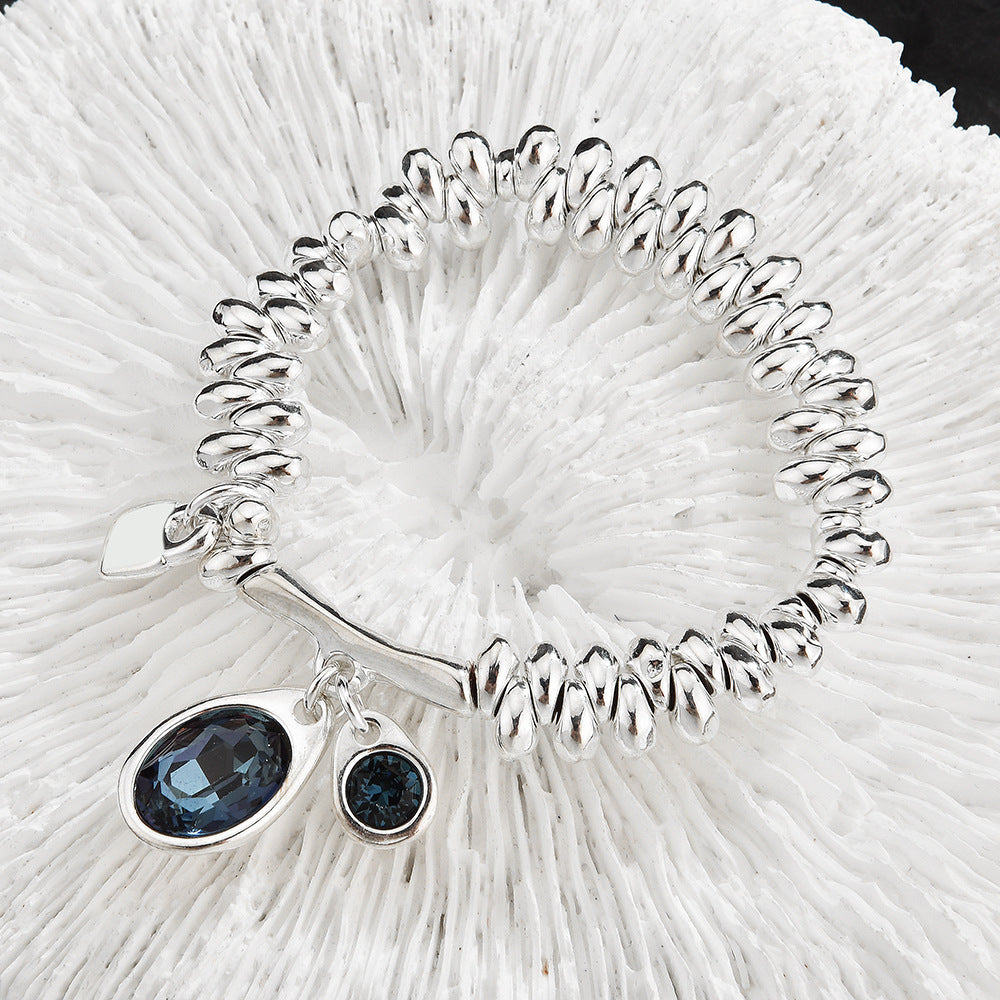 Twisted Gold Bead Blue Zircon Charm Bracelet For Women, Oval & Round Ocean Blue Cubic Zirconia Dainty Luxury Fashion Jewelry