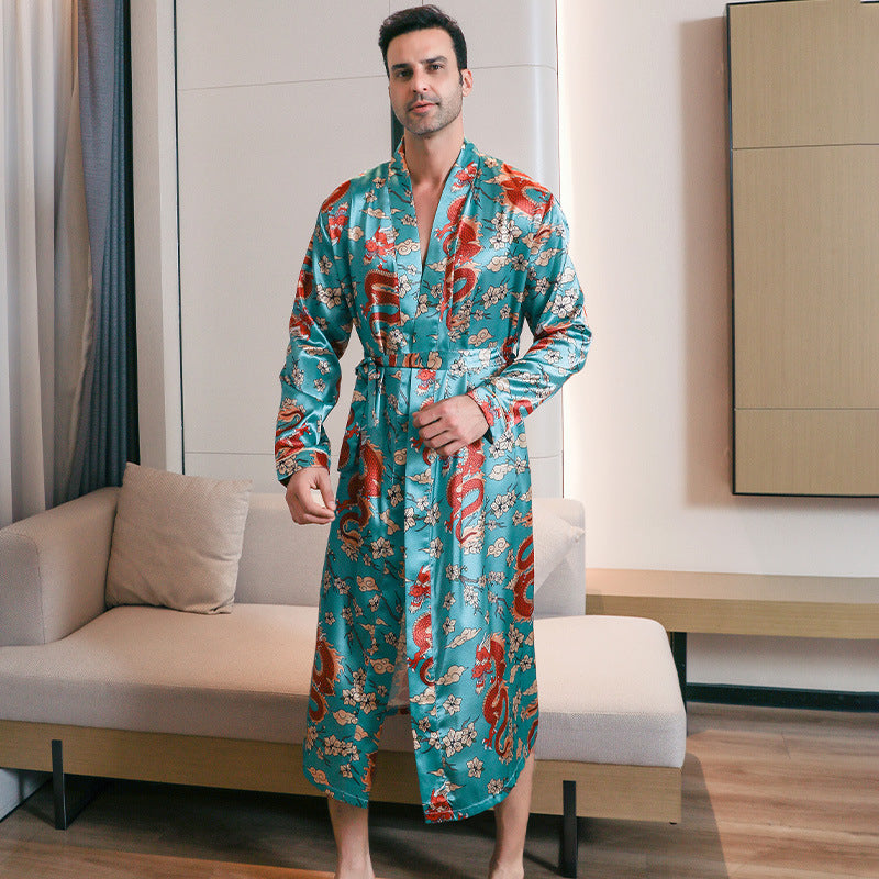 Summer Ice-silk Long-style Wearable Ice-silk Youth Long-sleeve Loungewear Mens Nightgown Thin Style