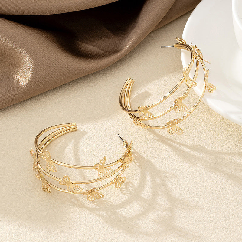 Fashion Sweet Double Layer Butterfly Stud Earrings & Hoop Earrings, Hollow Out Unique Design Women Earrings, High-End Temperament Stud Ear Jewelry