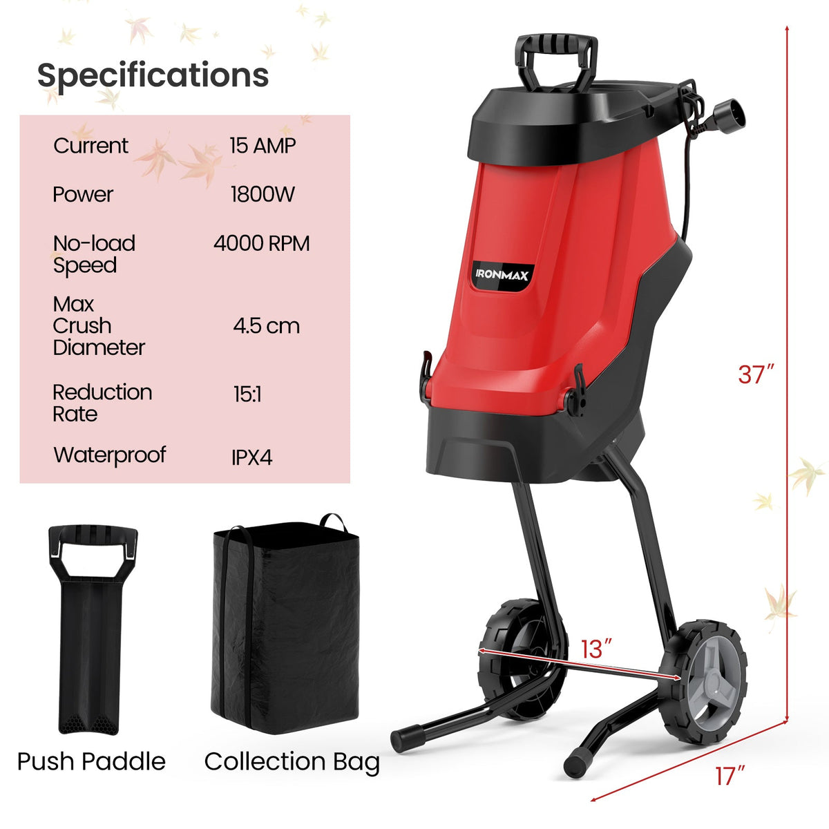 15-AMP Electric Wood Chipper and Shredder Leaf Mulcher with Wheels-Red