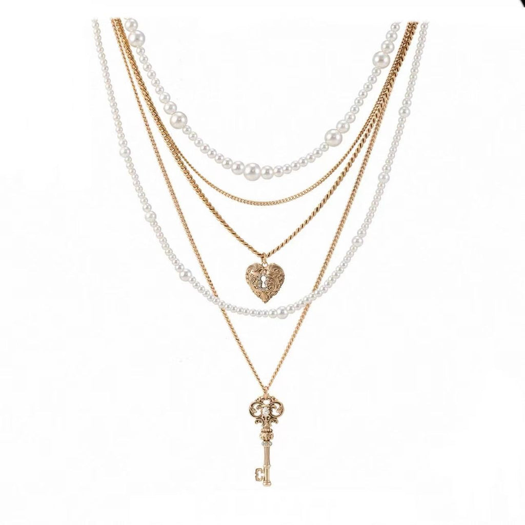 Retro Love Lock Core Series Multi-Layer Pearl Necklace