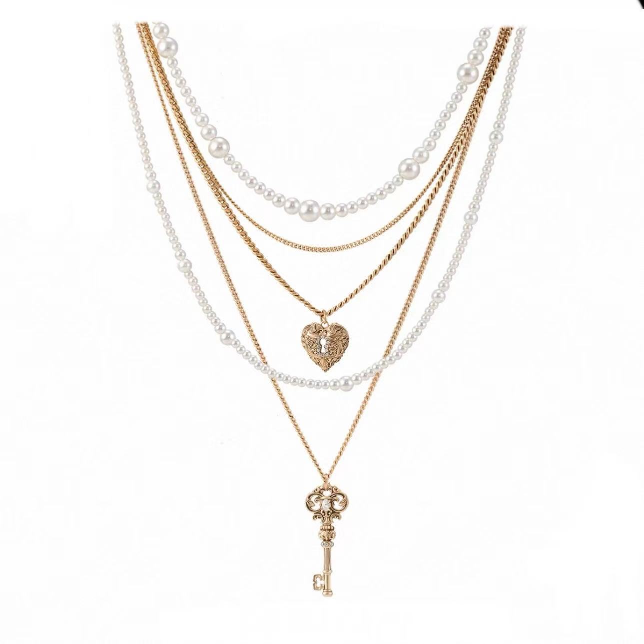 Retro Love Lock Core Series Multi-Layer Pearl Necklace
