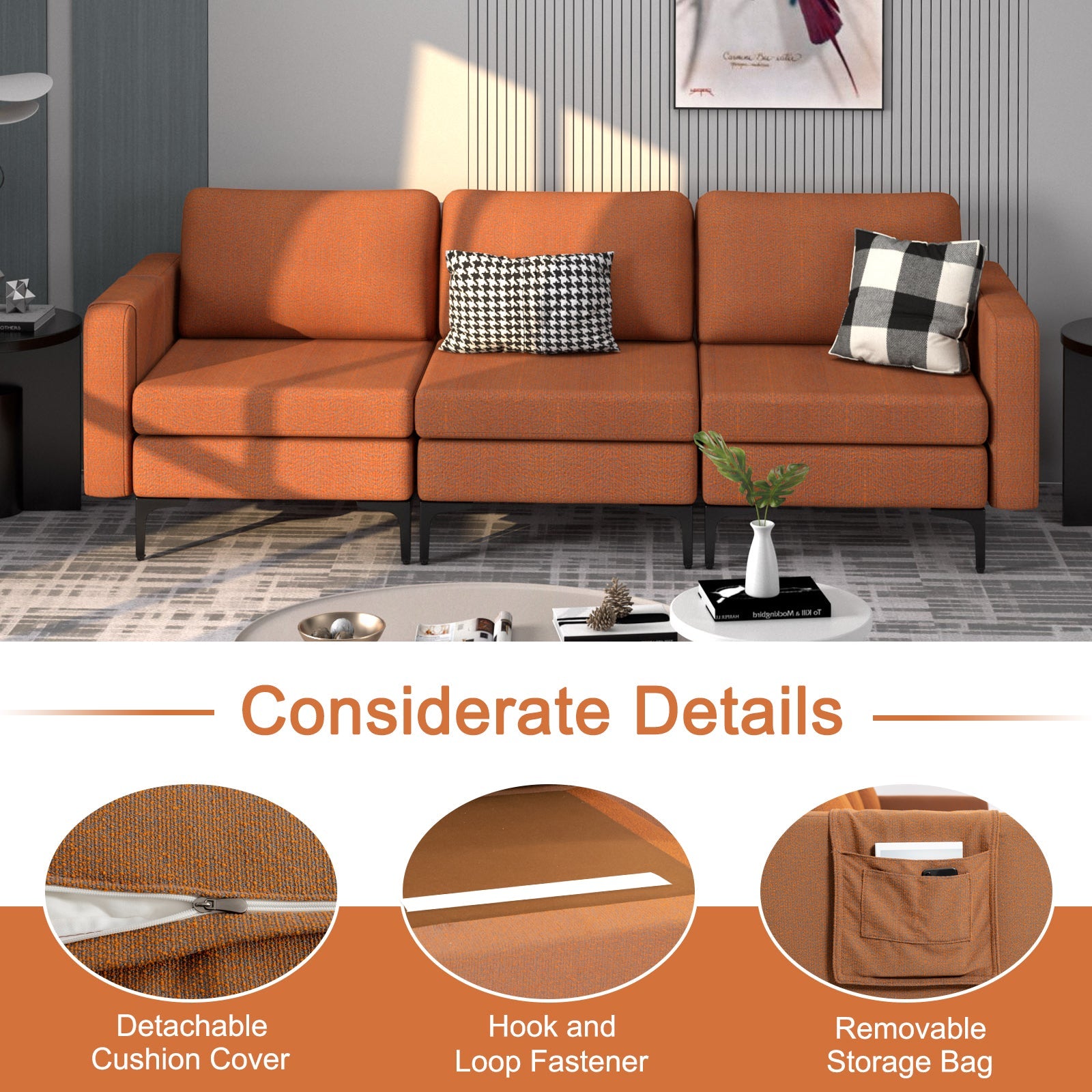 Convertible Leather Sofa Couch with Magazine Pockets 3-Seat with 2 USB Port