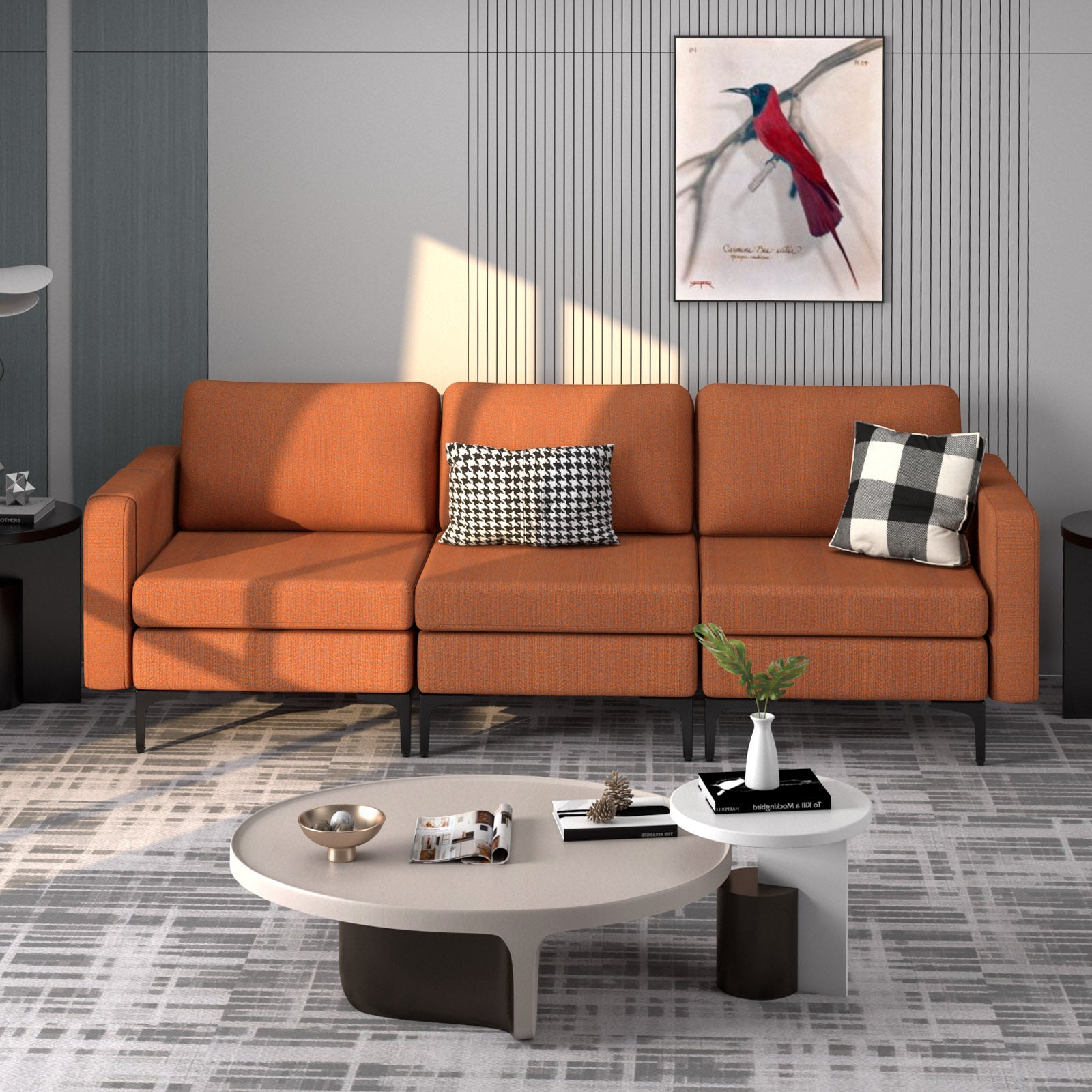 Convertible Leather Sofa Couch with Magazine Pockets 3-Seat with 2 USB Port