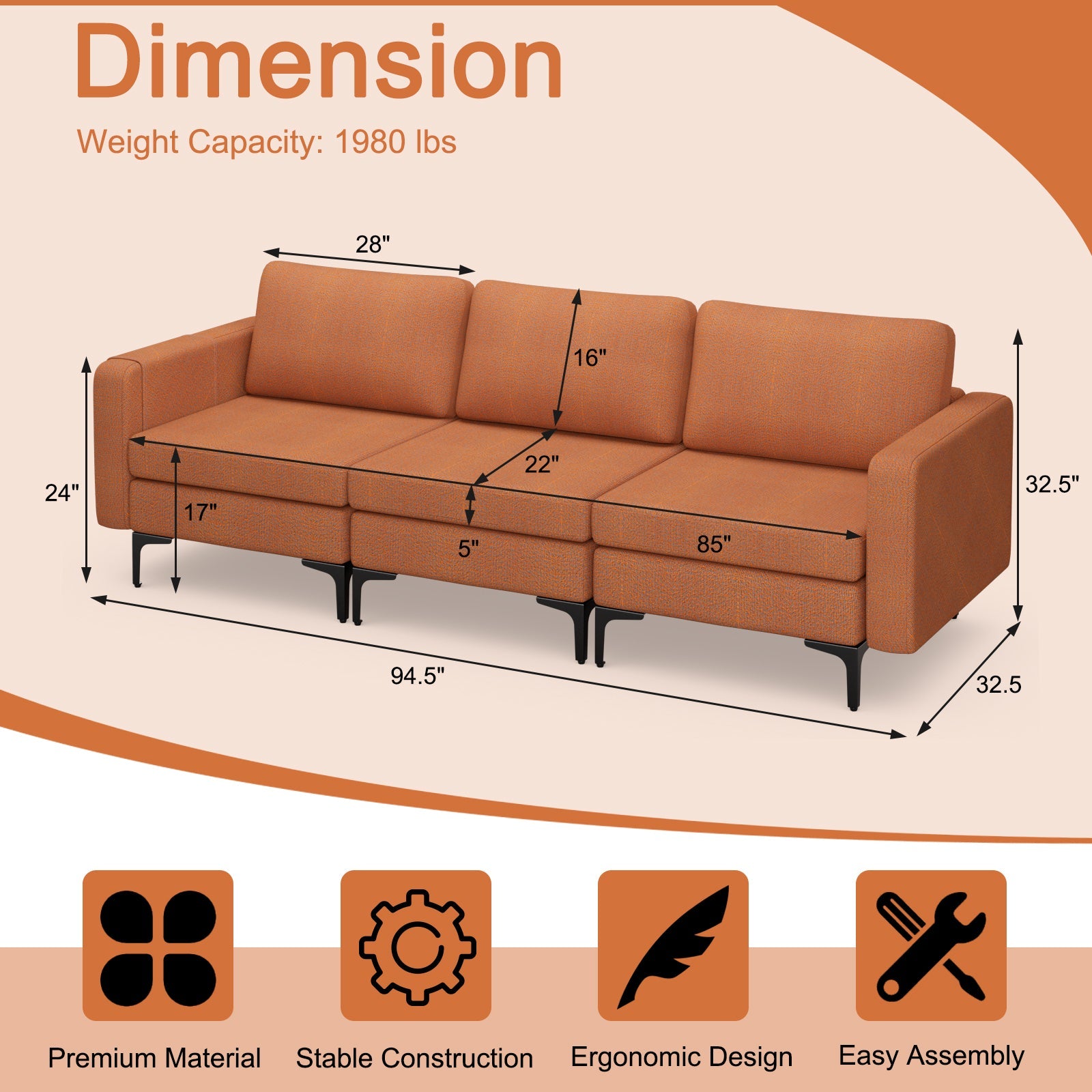 Convertible Leather Sofa Couch with Magazine Pockets 3-Seat with 2 USB Port