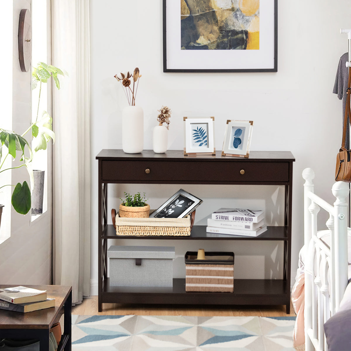 Console Table 3-Tier with Drawer and Storage Shelves