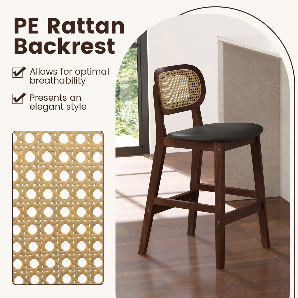 Wood Bar Chairs with PE Rattan Backrest Padded Seat and Footrest-Brown