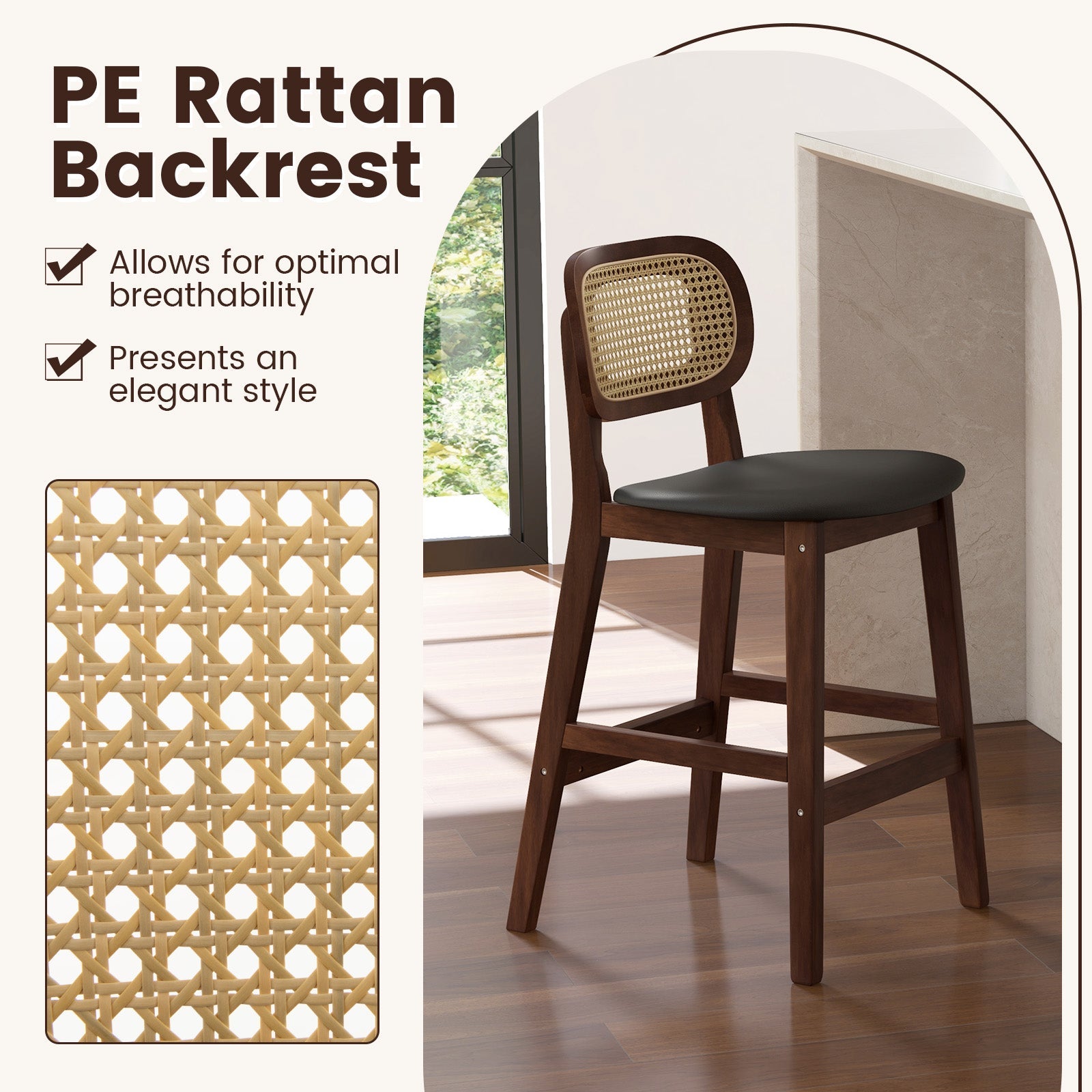Wood Bar Chairs with PE Rattan Backrest Padded Seat and Footrest-Brown