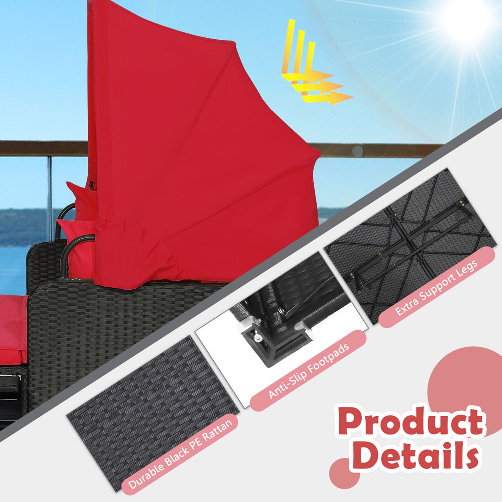 Patio Rattan Daybed with Retractable Canopy and Side Tables