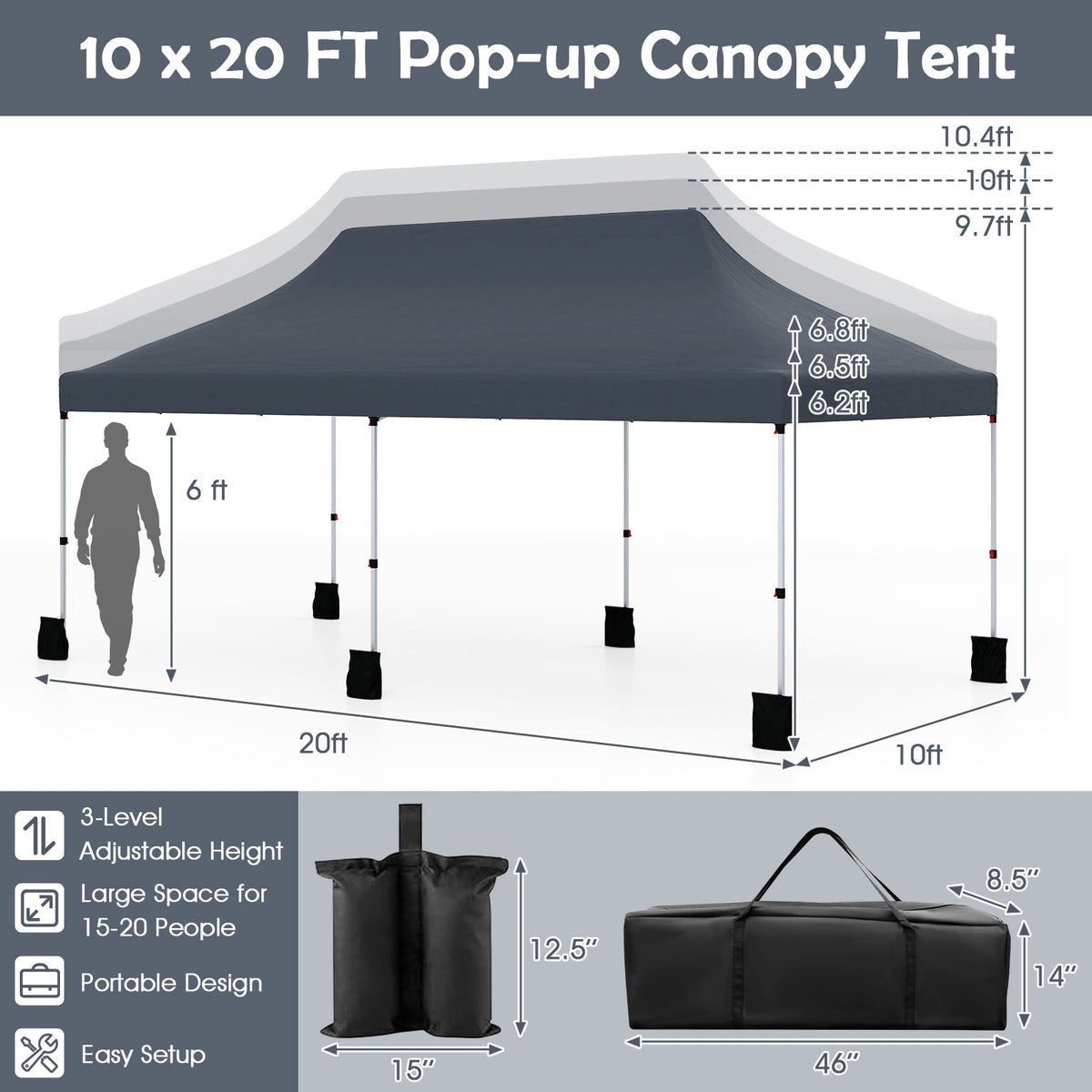 10 X 20 FT Pop up Canopy Tent Foldable Portable Outdoor Gazebo with Carry Bag-Blue