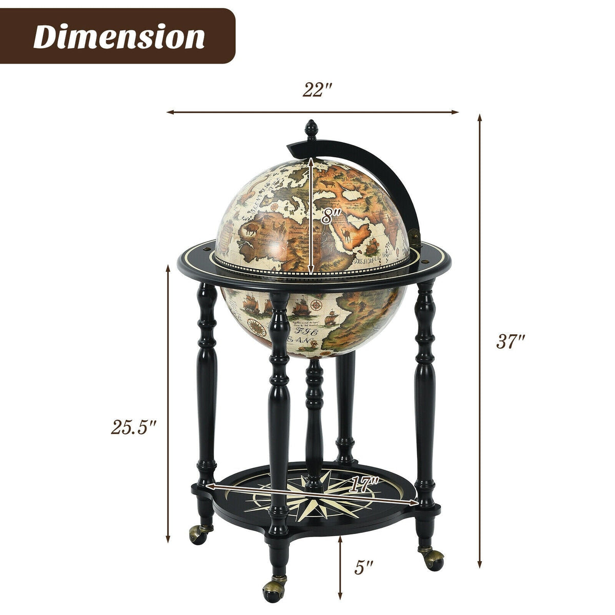 16th Century Nautical Chart Wine Cabinet with Wheels