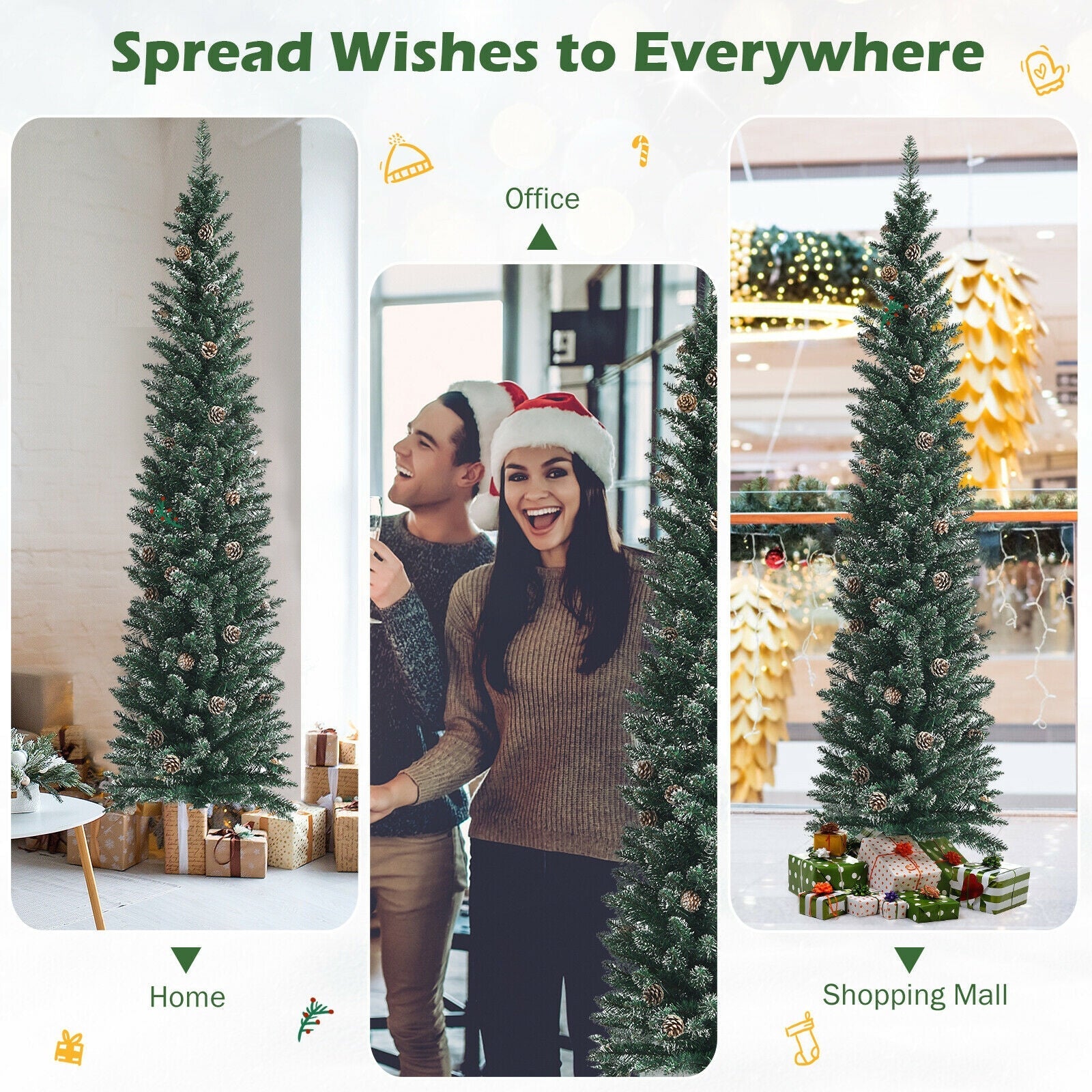 Snowy Artificial Pencil Christmas Tree with Pine Cones