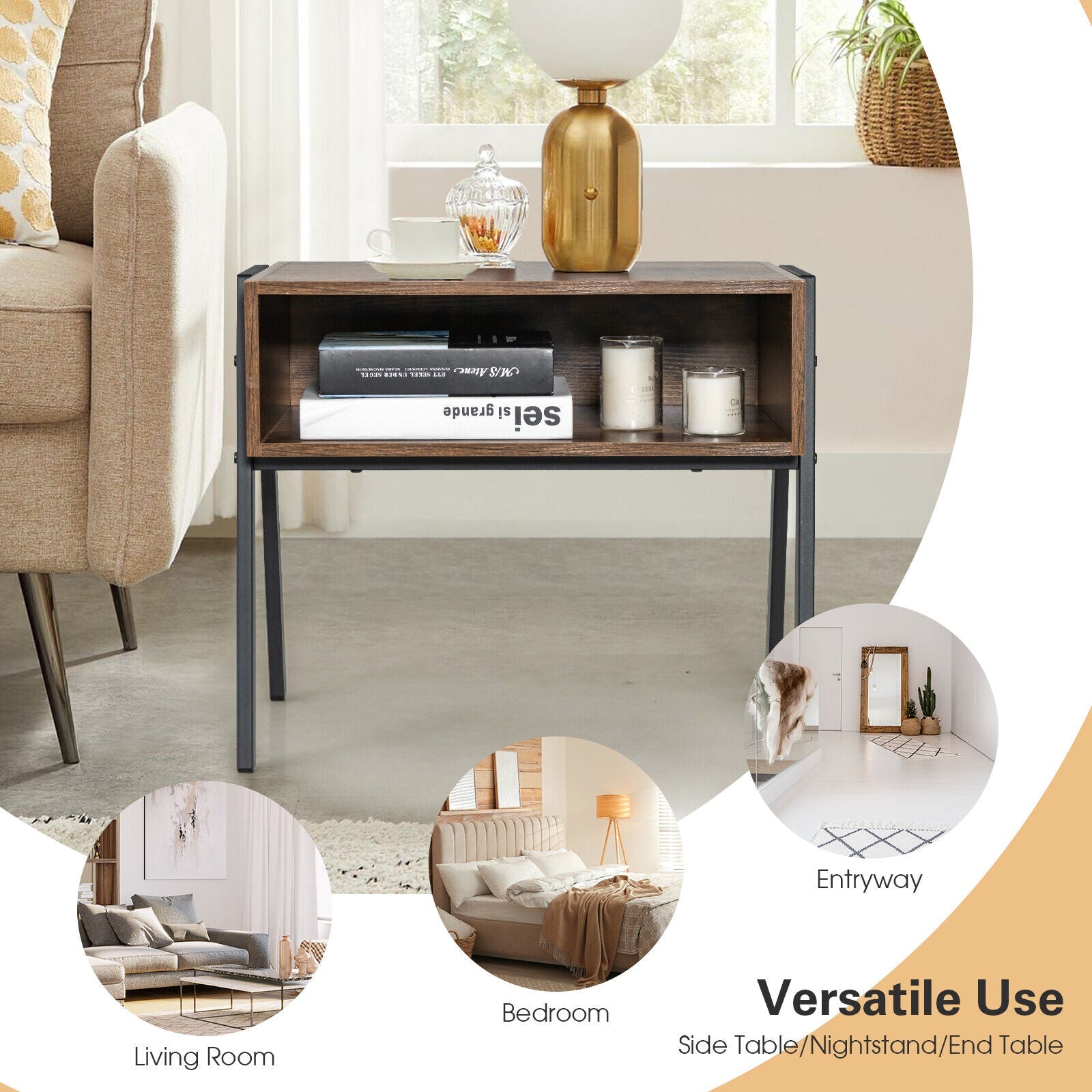 1 Piece Stackable Night Stand Shelf Accent Table with Metal Frame