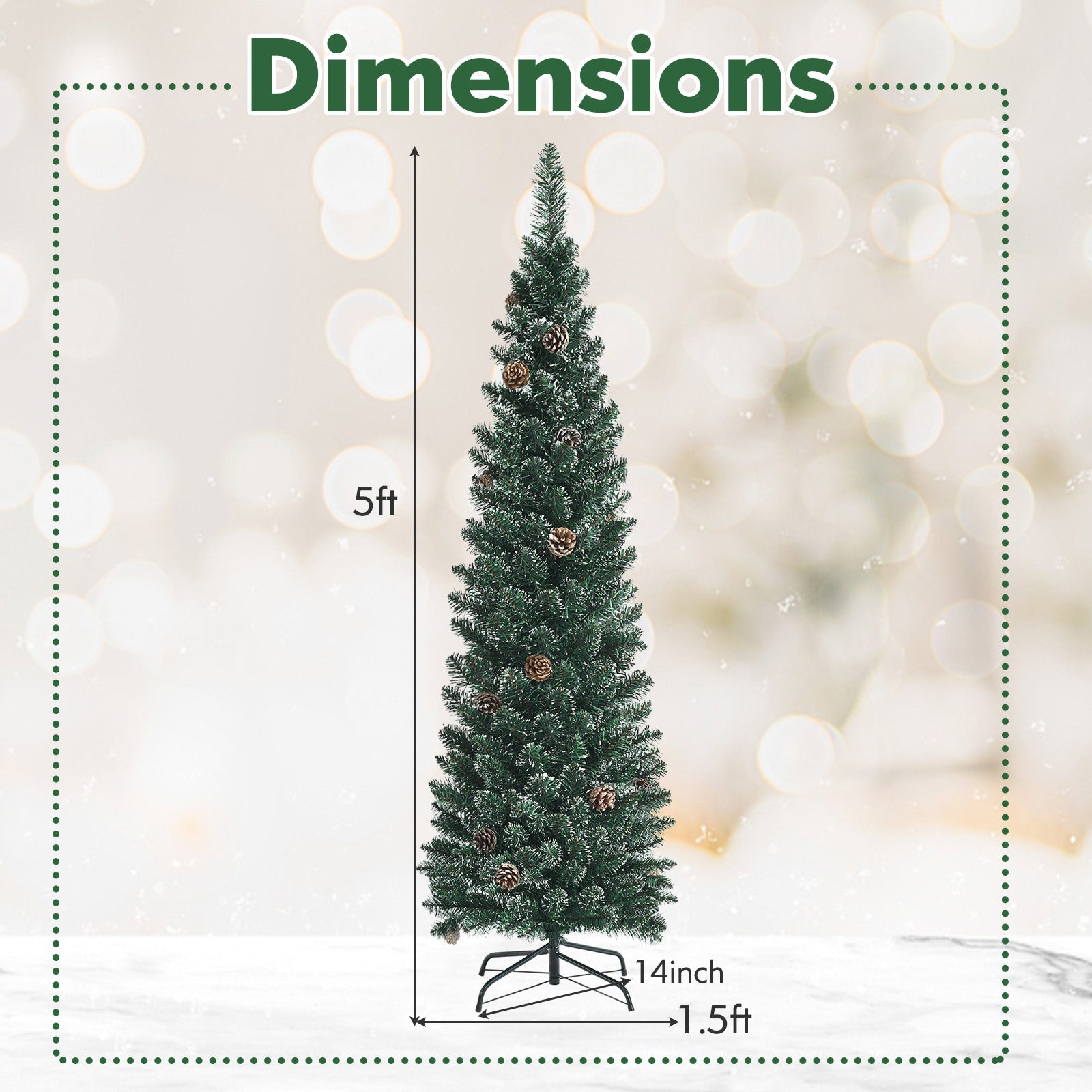 Snowy Artificial Pencil Christmas Tree with Pine Cones