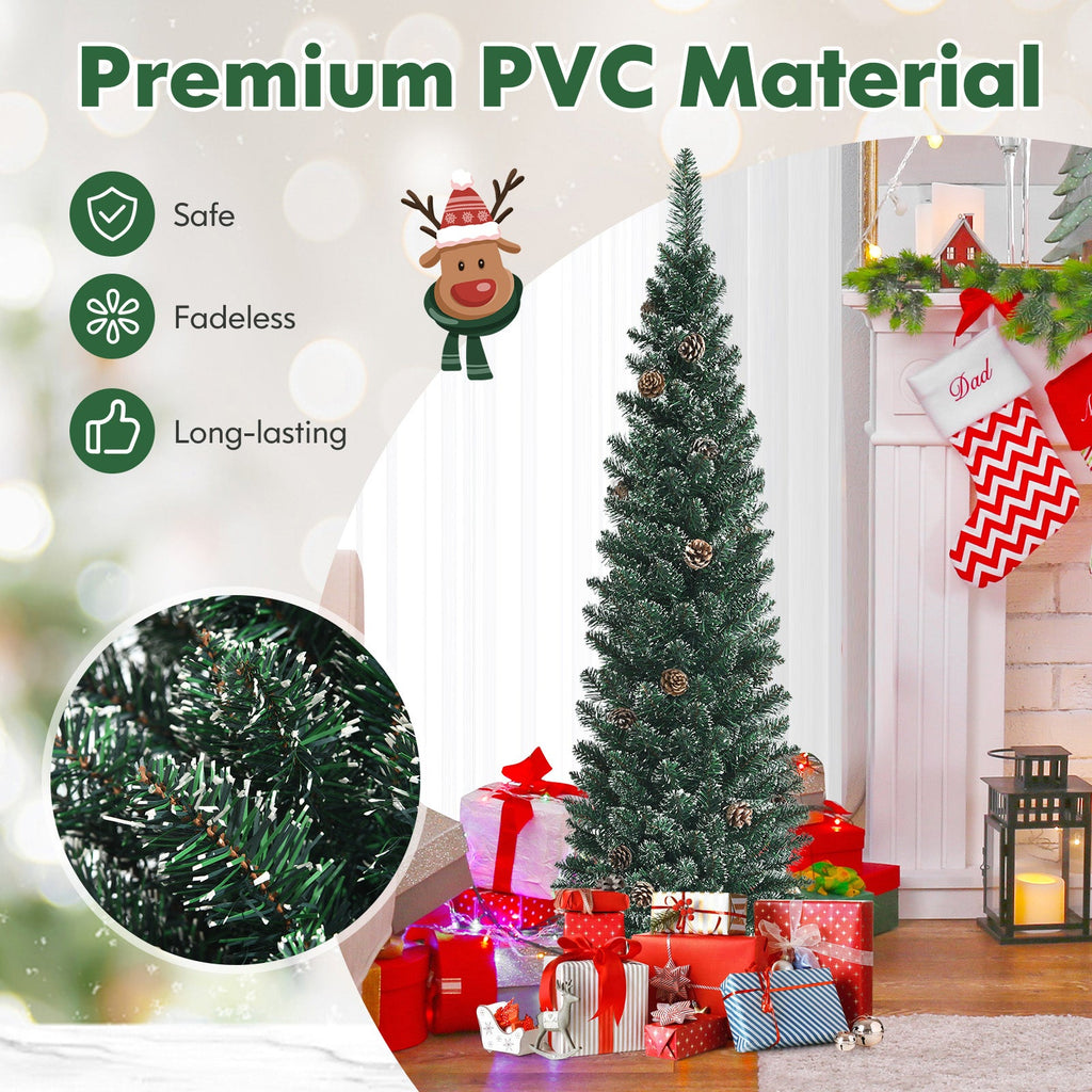 Snowy Artificial Pencil Christmas Tree with Pine Cones