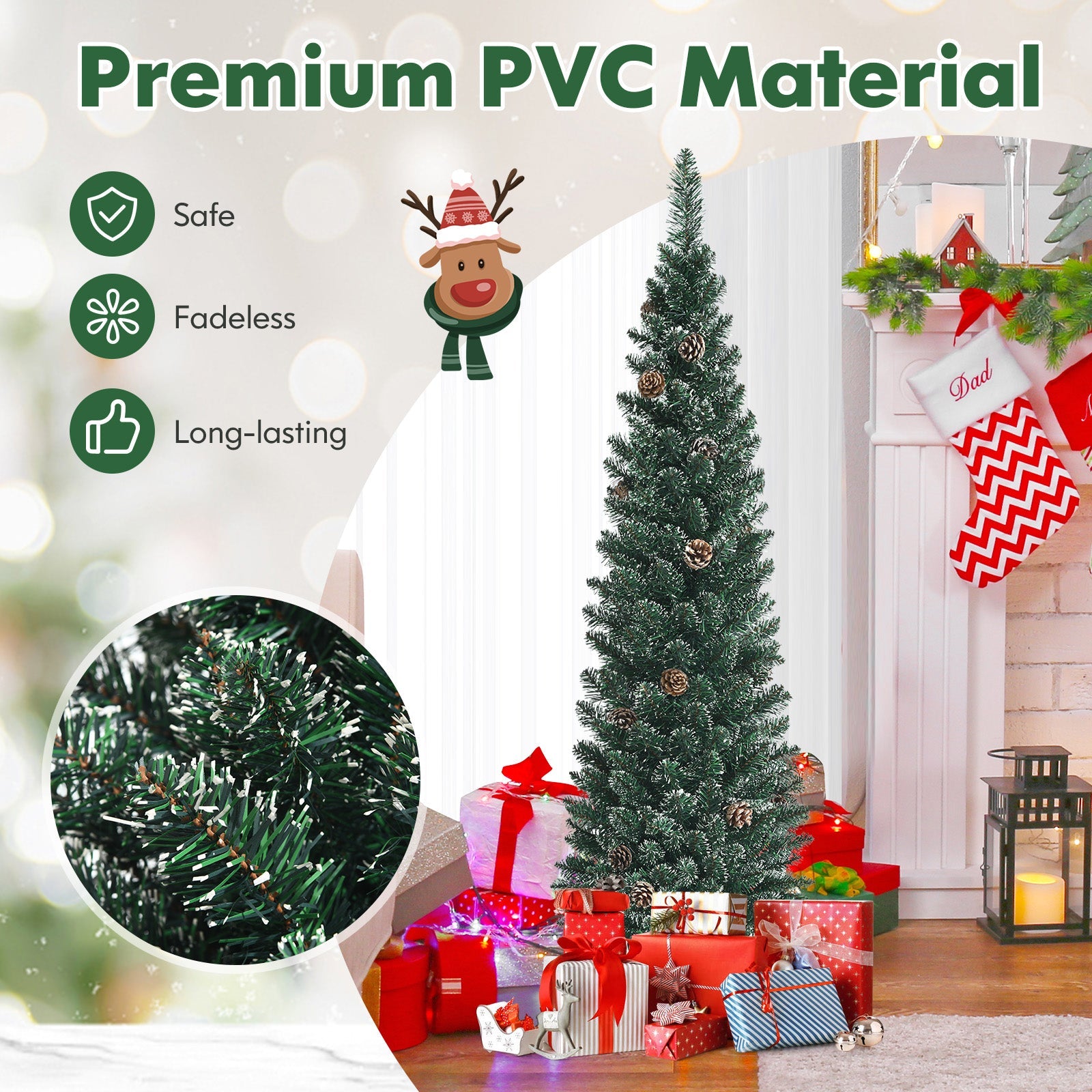 Snowy Artificial Pencil Christmas Tree with Pine Cones