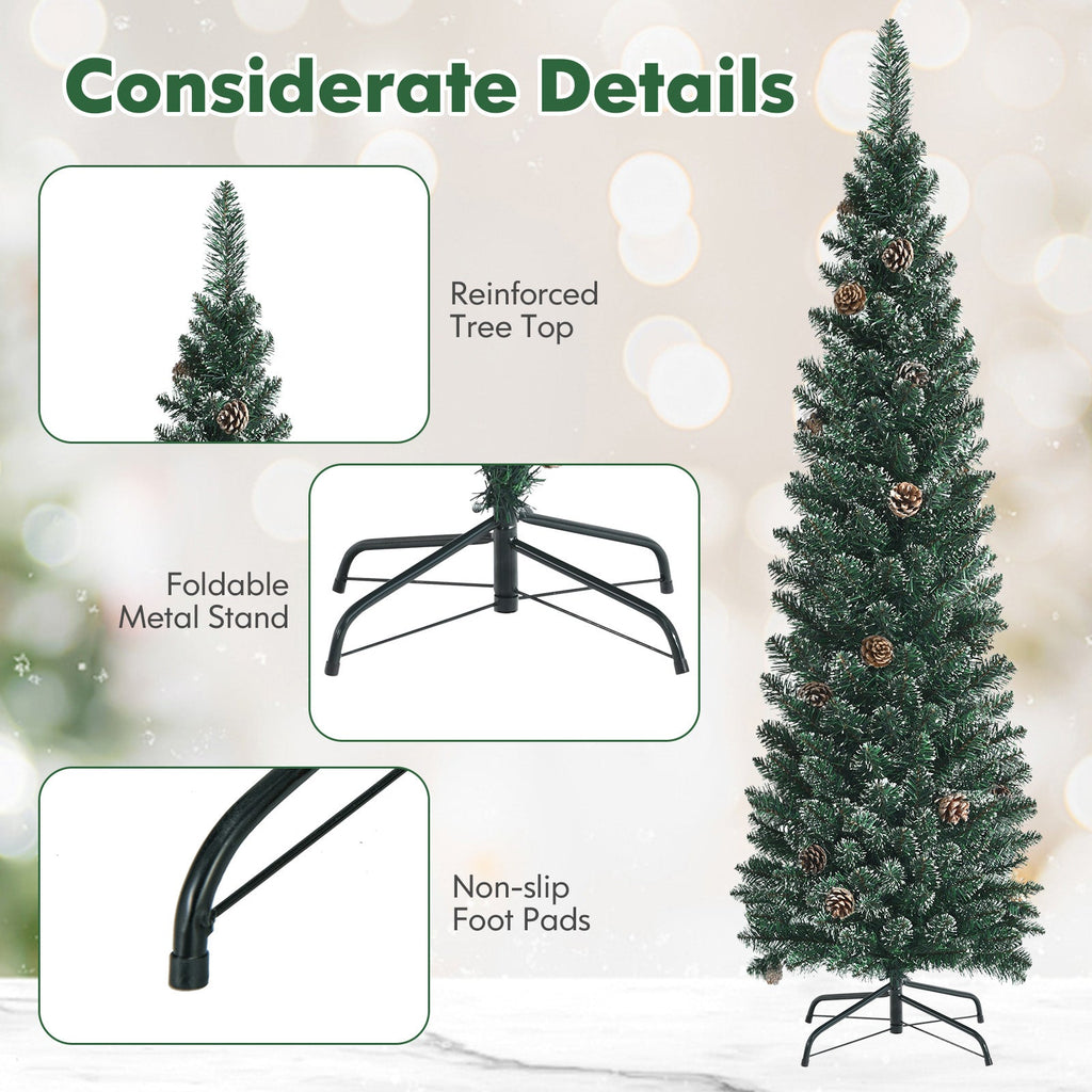 Snowy Artificial Pencil Christmas Tree with Pine Cones