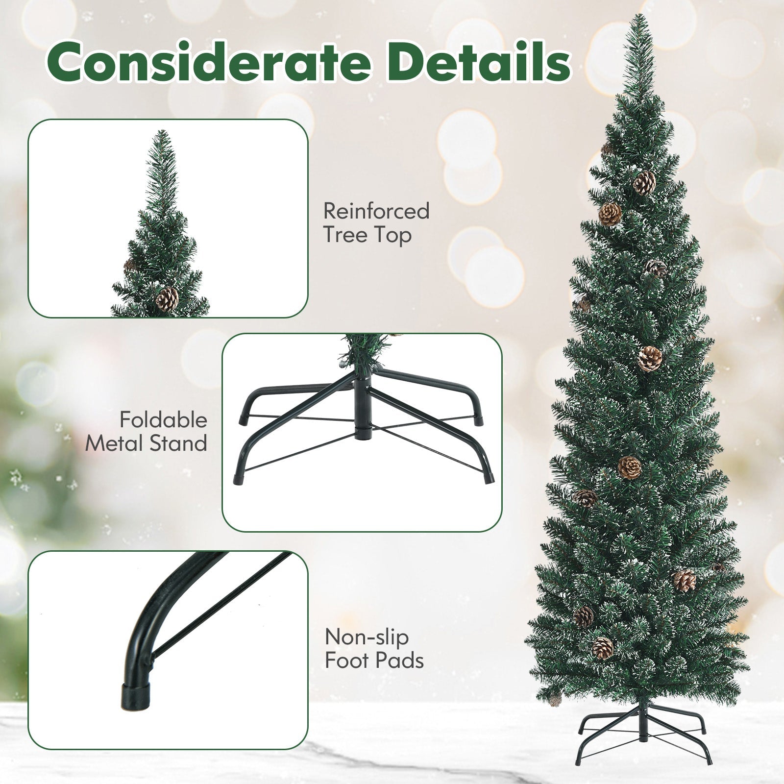 Snowy Artificial Pencil Christmas Tree with Pine Cones