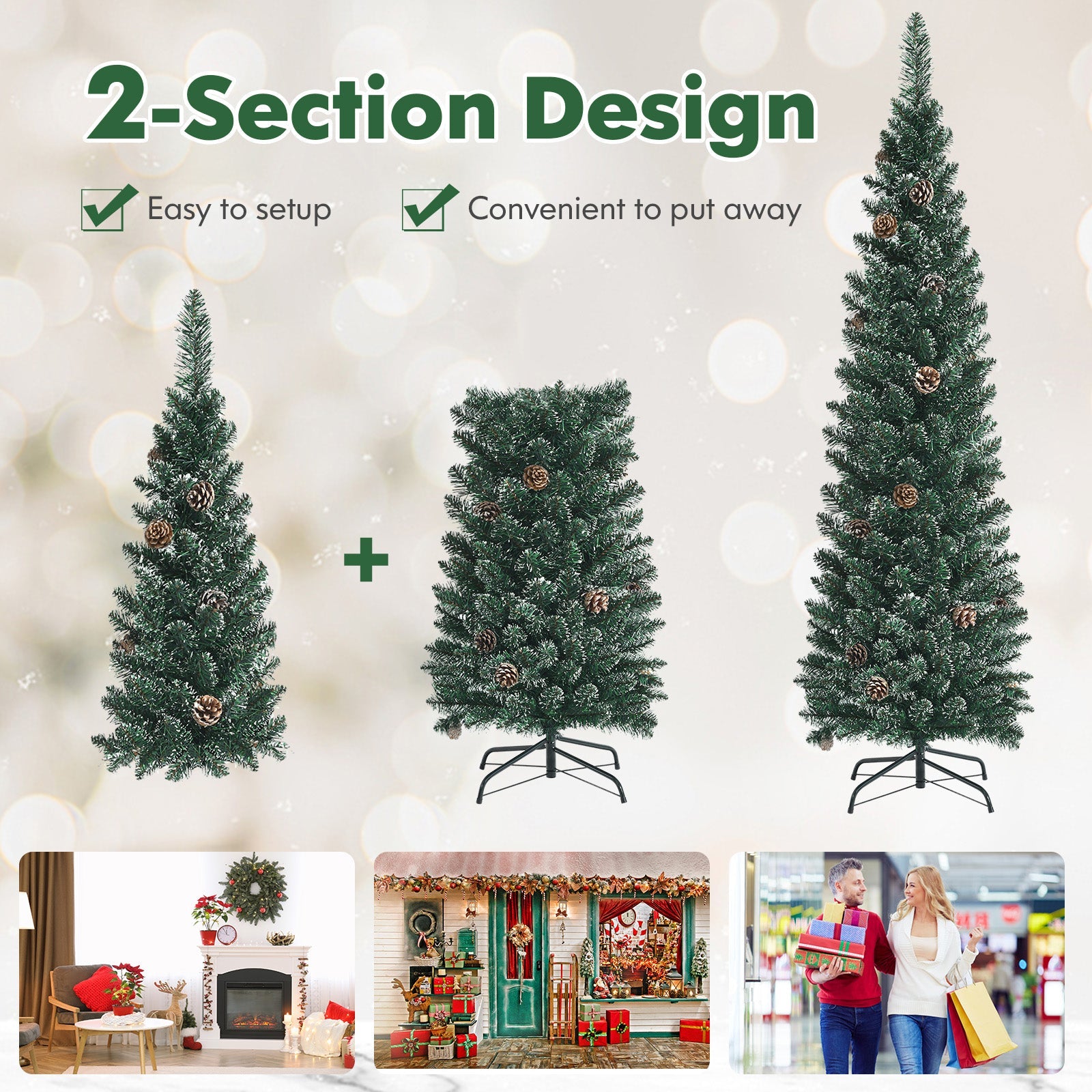 Snowy Artificial Pencil Christmas Tree with Pine Cones
