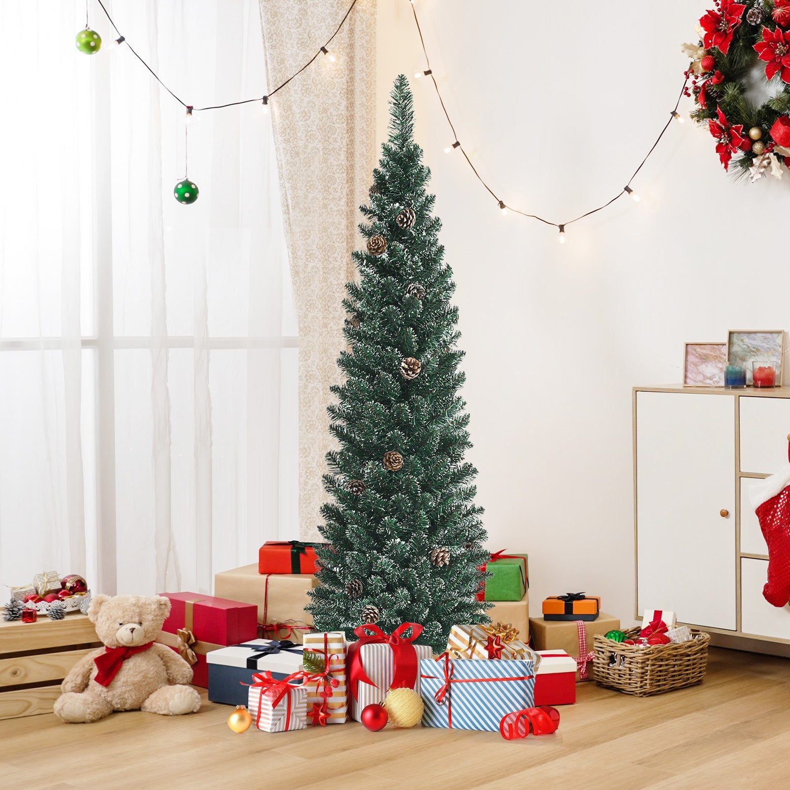 Snowy Artificial Pencil Christmas Tree with Pine Cones