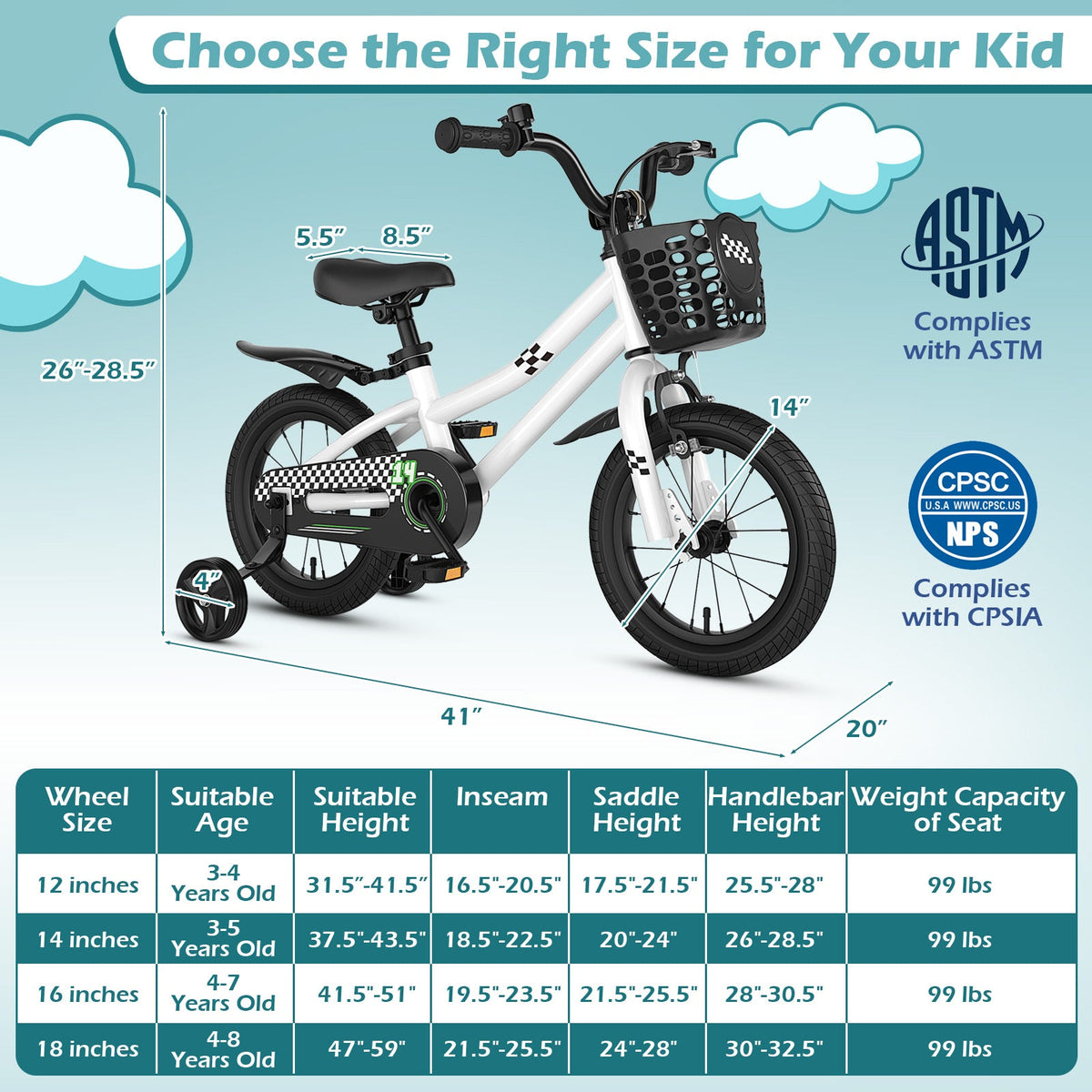 14 Inch Kids Bike White with Blue Helmet Protective Set