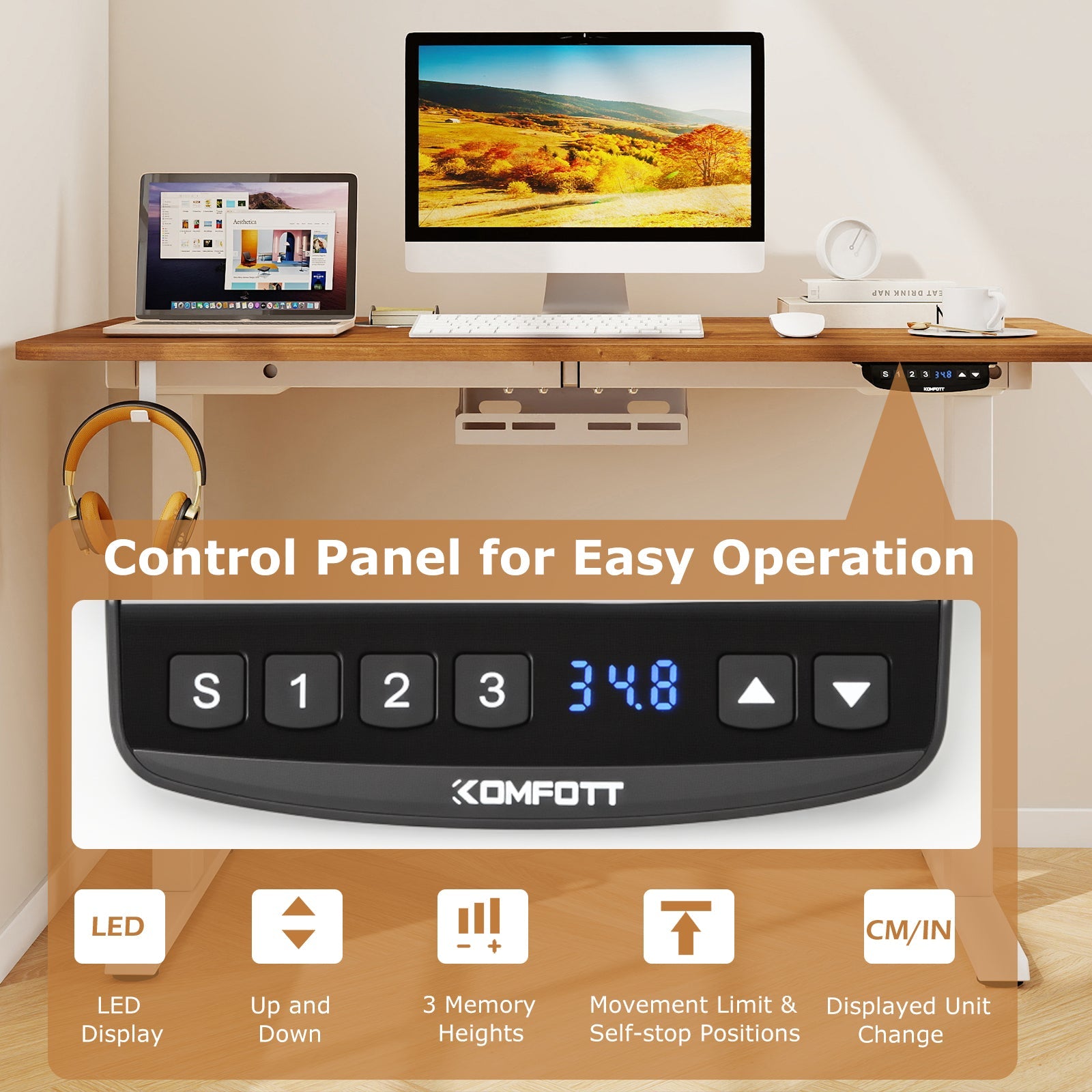 Electric Standing Desk Height Adjustable with 3 Memory Heights Walnut