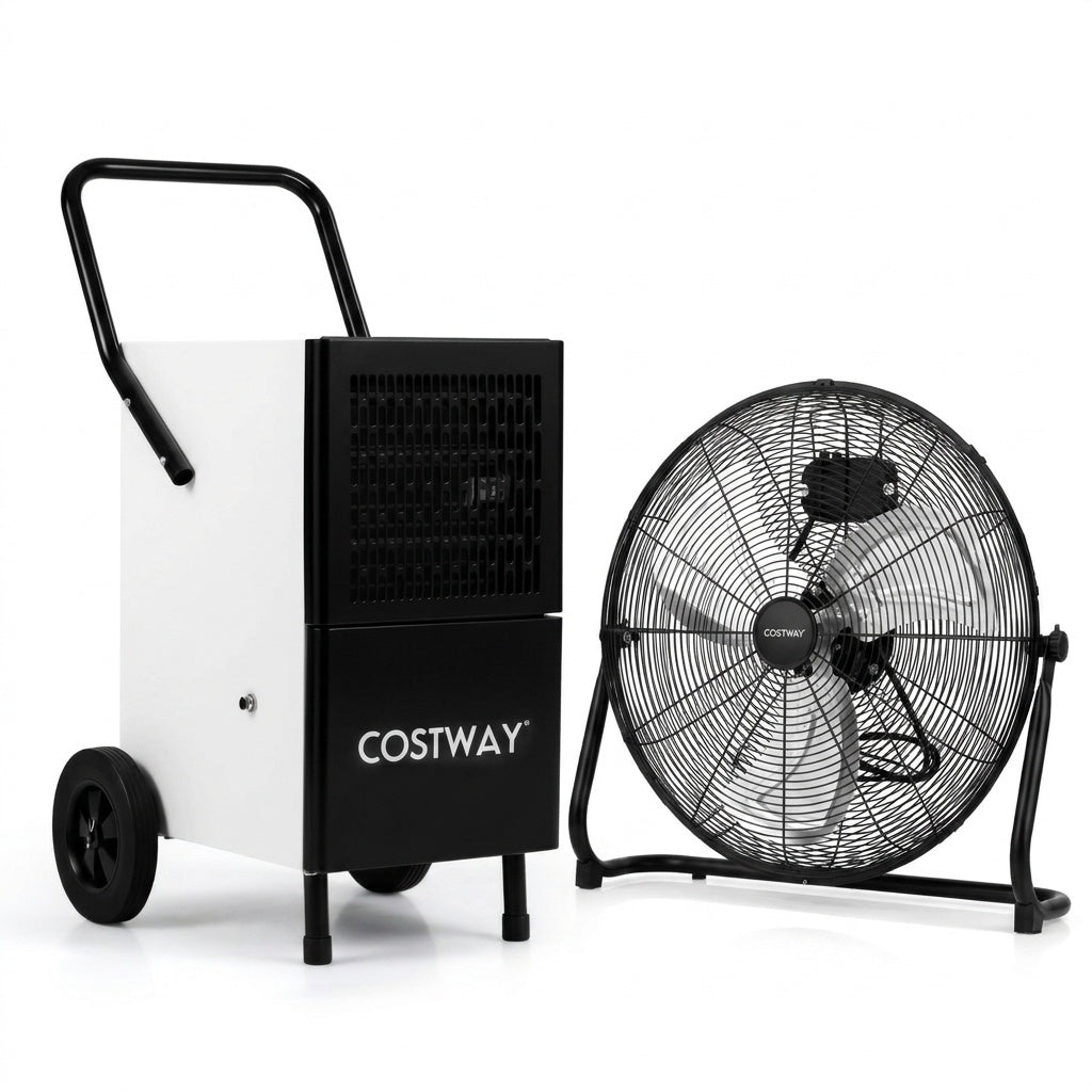 Commercial Dehumidifier and Heavy‑Duty Metal Floor Fan Combo