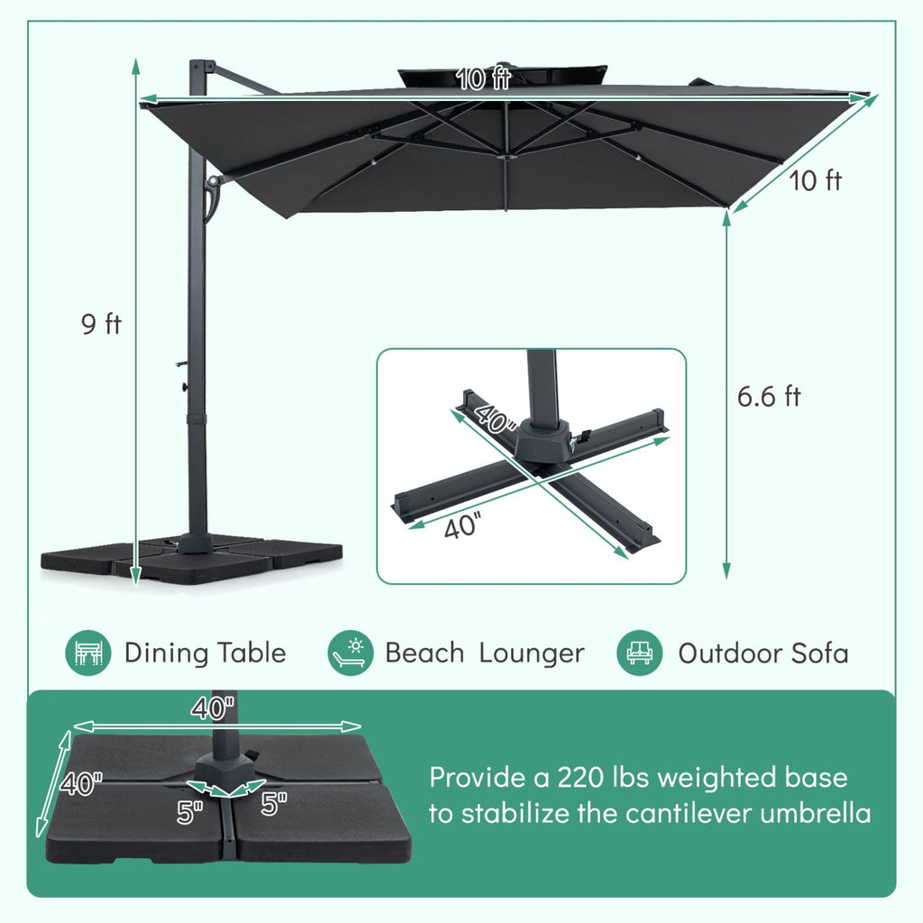 10 FT Cantilever Patio Umbrella with 220 LBS Base