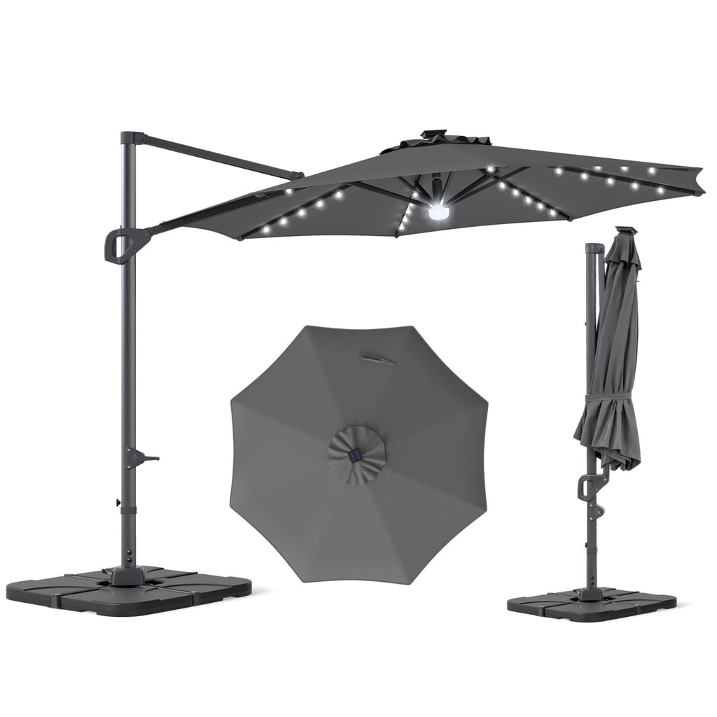10 FT Cantilever Patio Umbrella with Solar LED Lights & Base