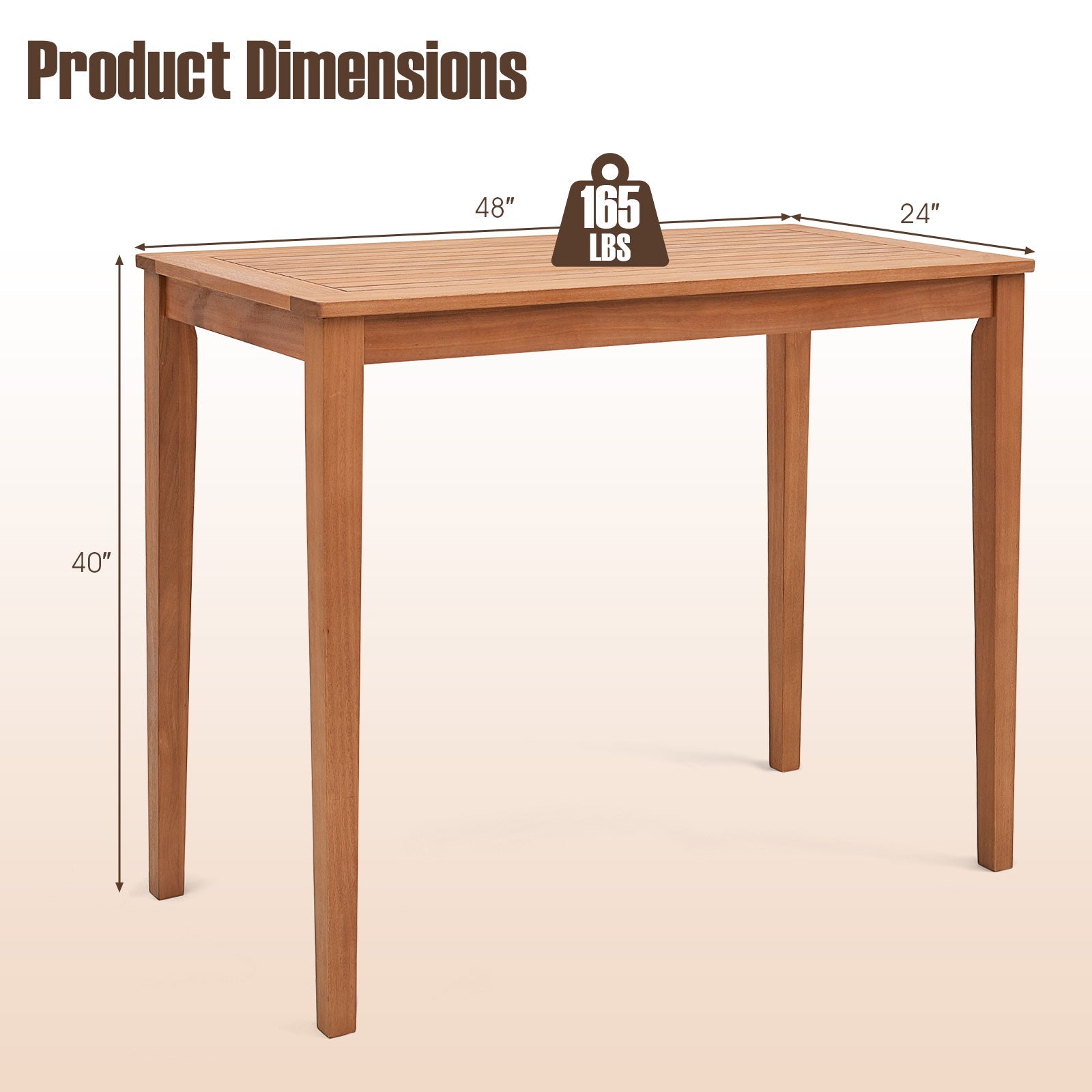 48 Inch x 24 Inch Rectangular Outdoor Eucalyptus Wood Bar Table for 4 People